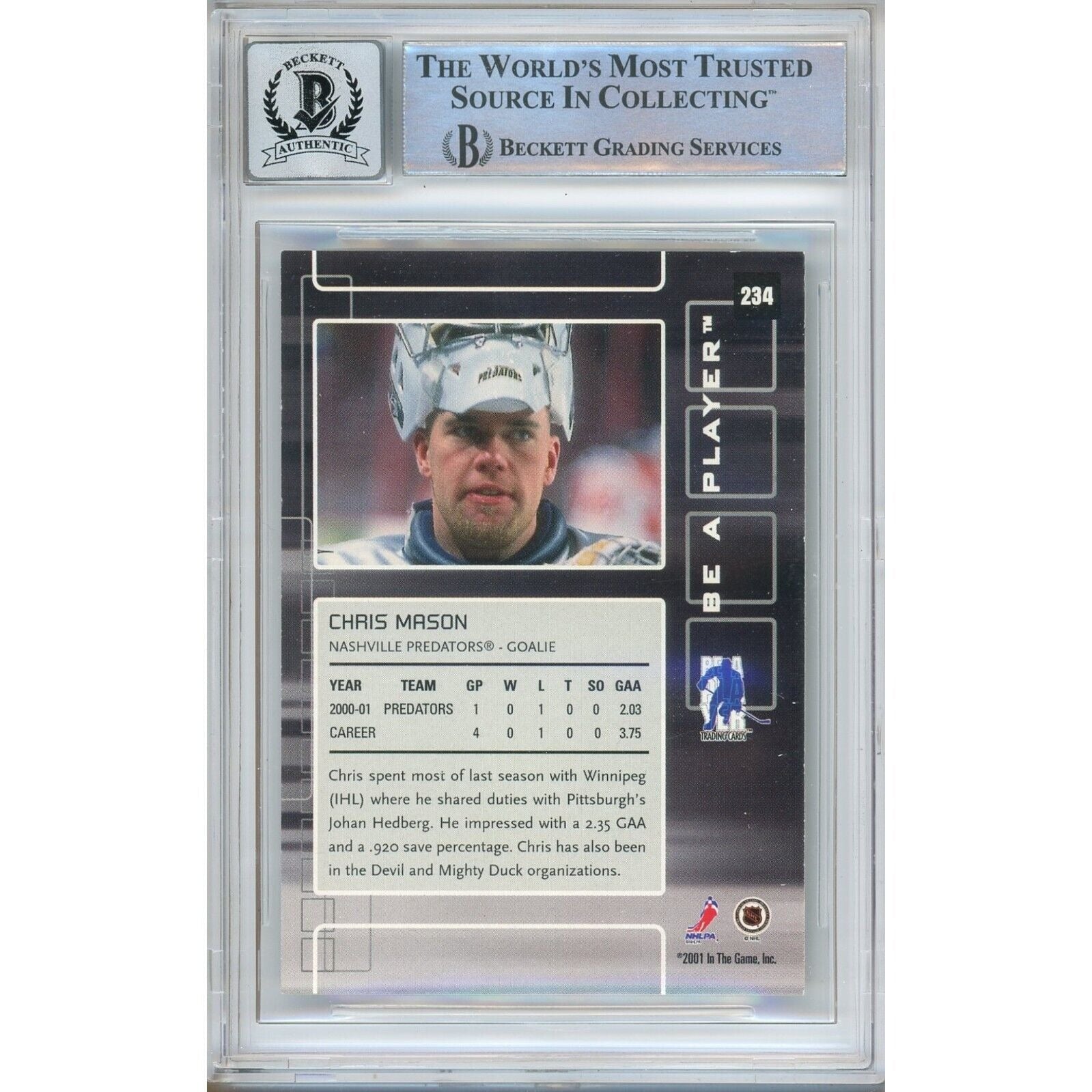 2001 #234 Chris Mason Nashville Predators Signed Trading Card – Beckett BAS