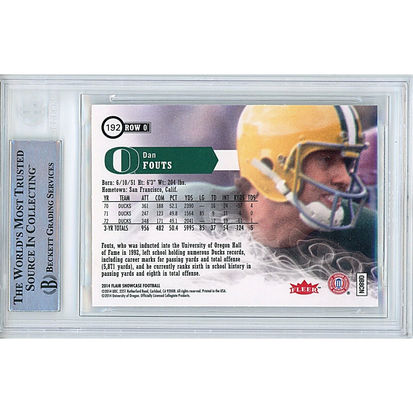 Footballs- Autographed- Dan Fouts Oregon Ducks Signed 2014 Flair Showcase Row 0 Football Card Beckett Authentic Autograph Slab Back