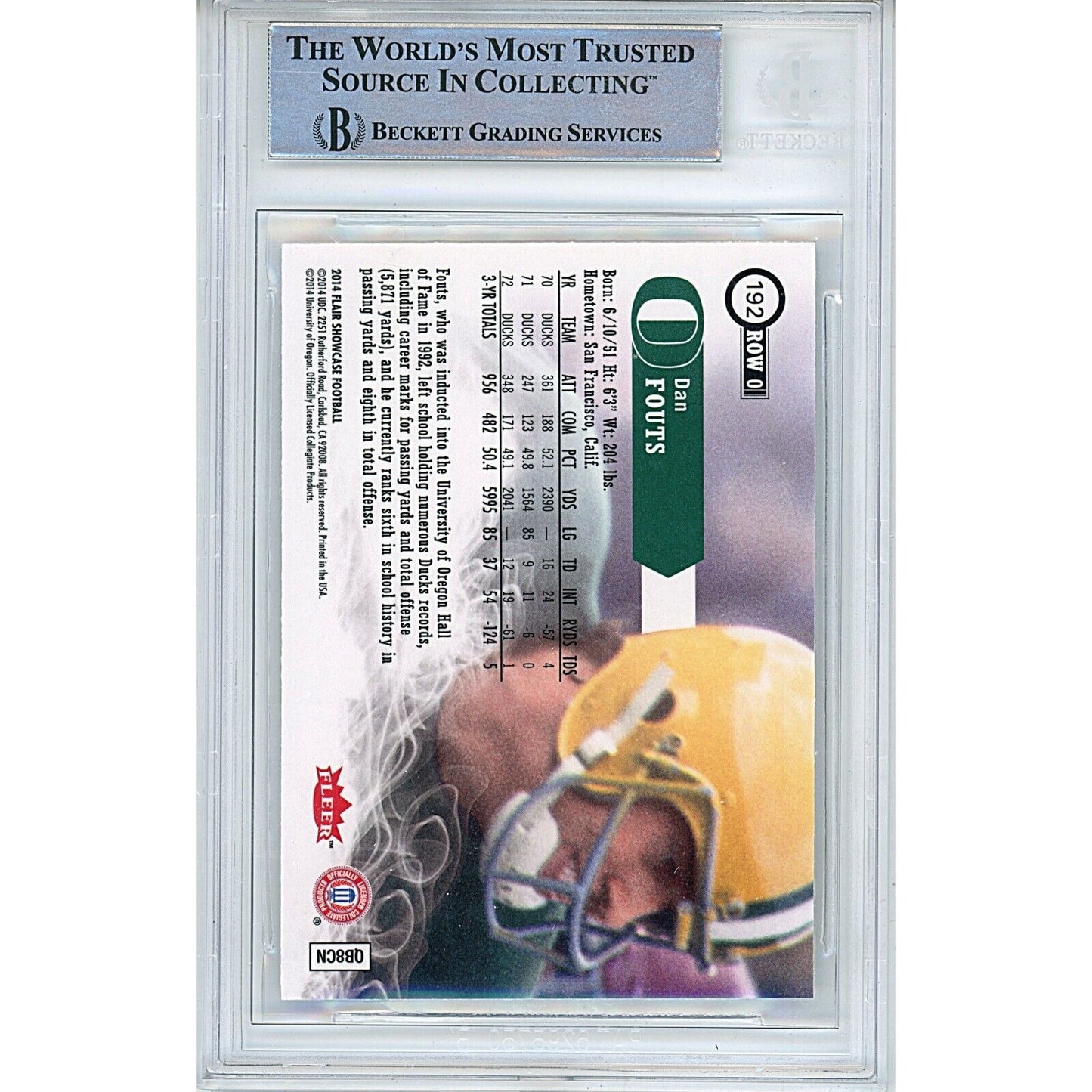 Footballs- Autographed- Dan Fouts Oregon Ducks Signed 2014 Flair Showcase Row 0 Football Card Beckett Authenticated Autograph Slab Back