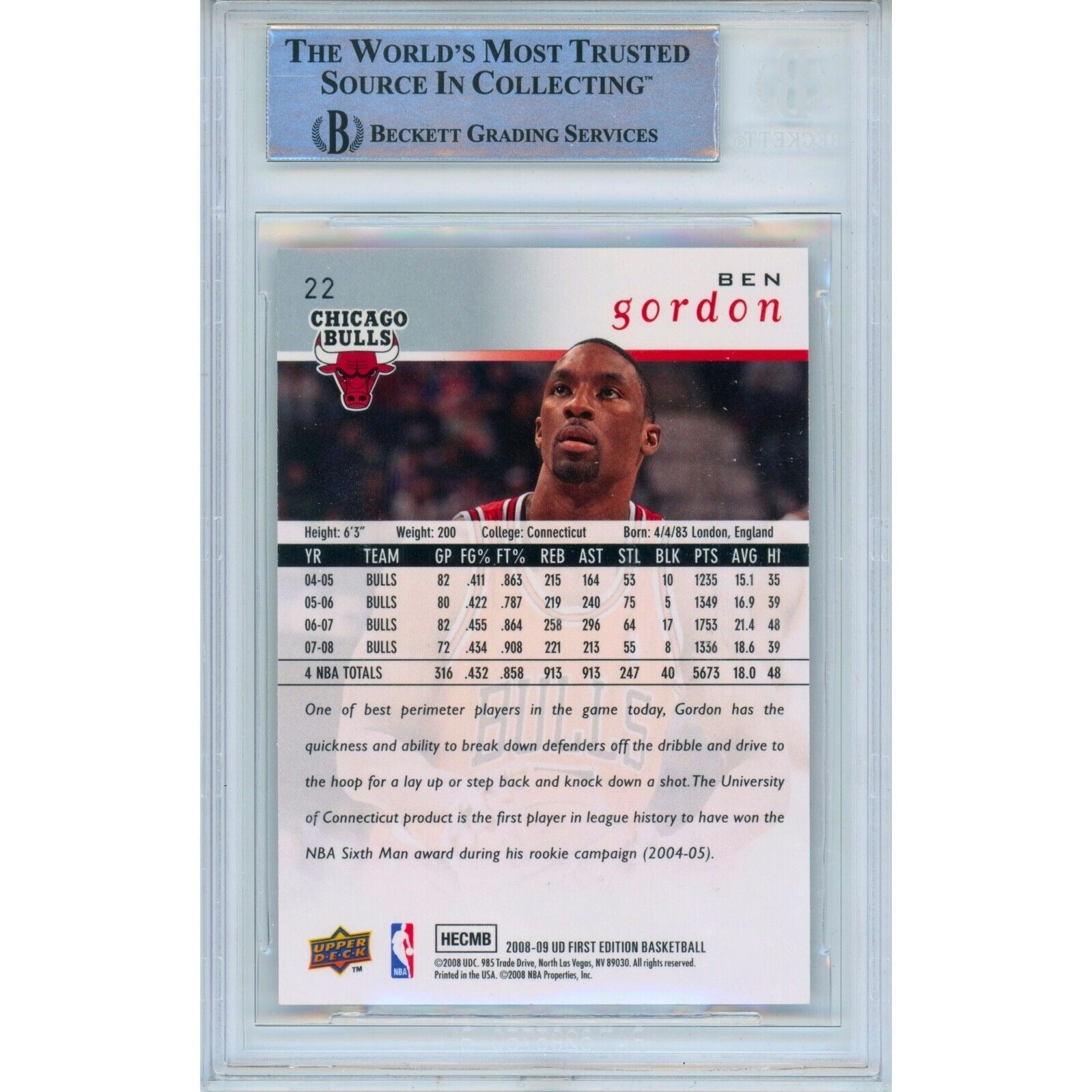 2008 Upper Deck #22 Ben Gordon Chicago Bulls Signed Trading Card – Beckett BAS