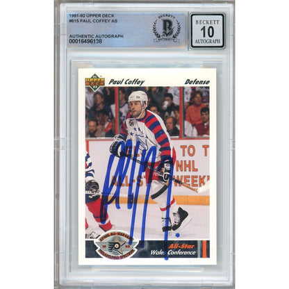 Hockey- Autographed- Paul Coffey Pittsburgh Penguins Signed 1991-92 Upper Deck Hockey Card Beckett Authentic BGS Auto-10 Graded Slab Front