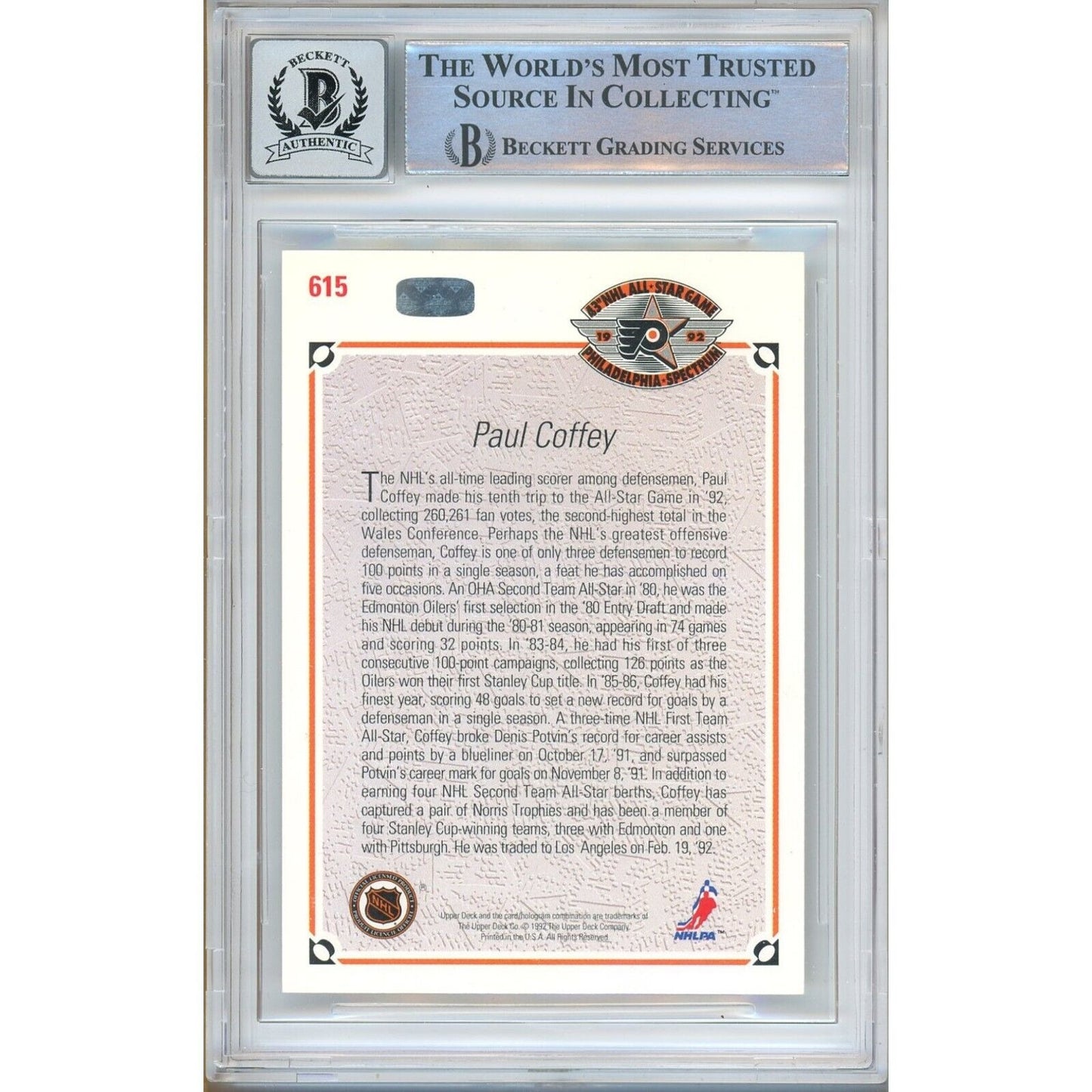 Hockey- Autographed- Paul Coffey Pittsburgh Penguins Signed 1991-92 Upper Deck Hockey Card Beckett Authentic BGS Auto-10 Graded Slab Back