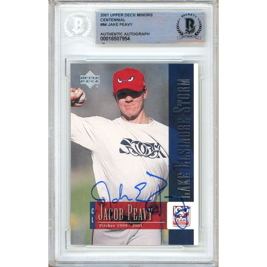 Baseballs- Autographed- Jake Peavy San Diego Padres Signed 2001 Upper Deck Minors Centennial Rookie Baseball Card Beckett Authentic Auto Slab Front