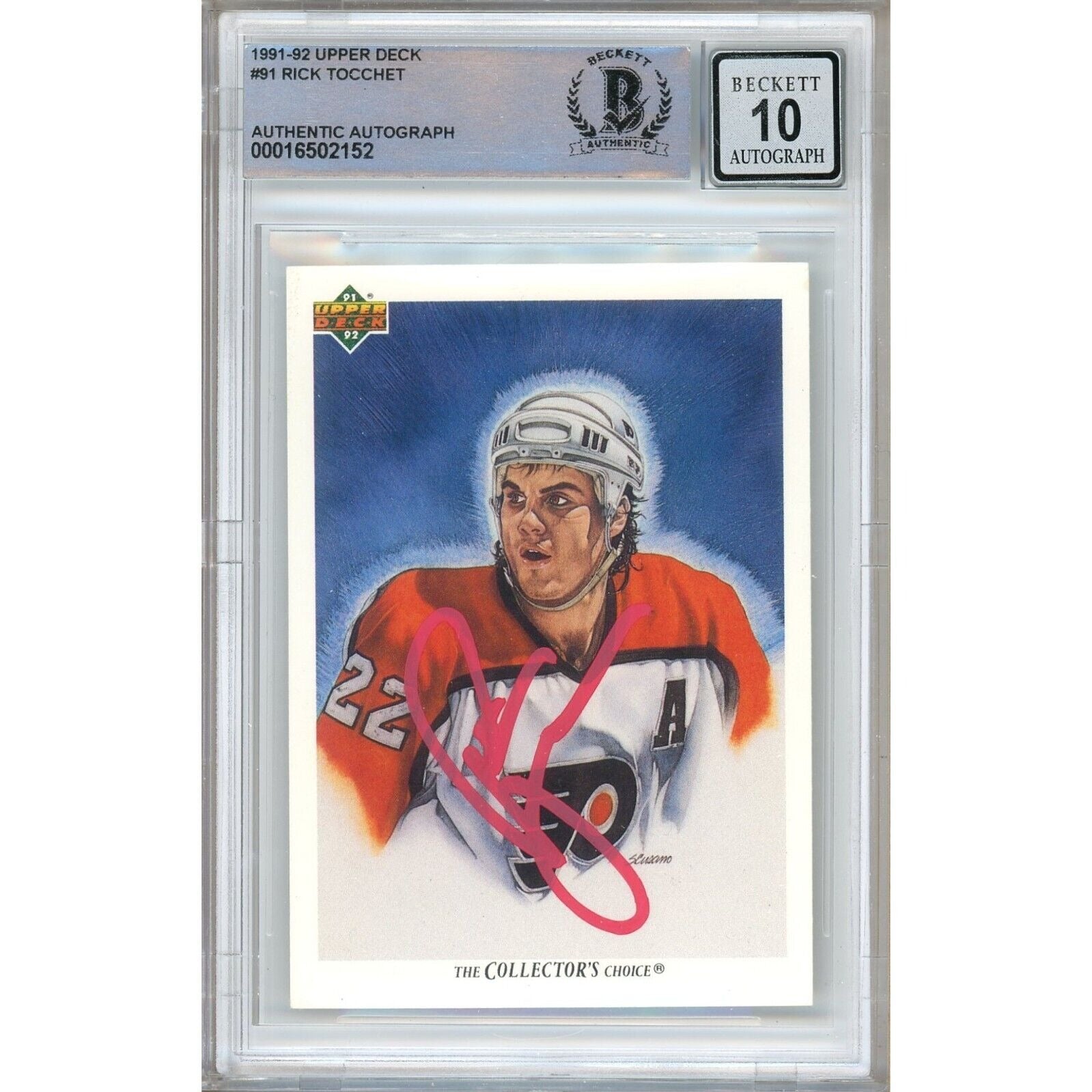 Hockey- Autographed- Rick Tocchet Philadelphia Flyers Signed 1991-92 Upper Deck Hockey Card Beckett Authentic BGS Auto-10 Graded Slab Front