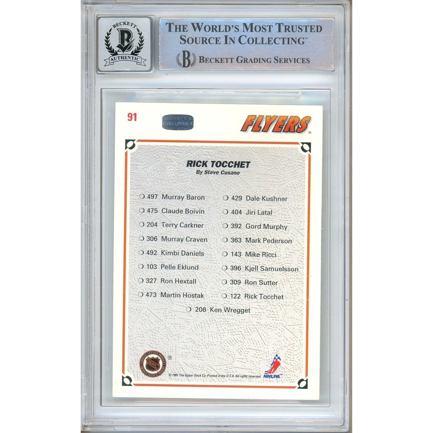 Hockey- Autographed- Rick Tocchet Philadelphia Flyers Signed 1991-92 Upper Deck Hockey Card Beckett Authentic BGS Auto-10 Graded Slab Back