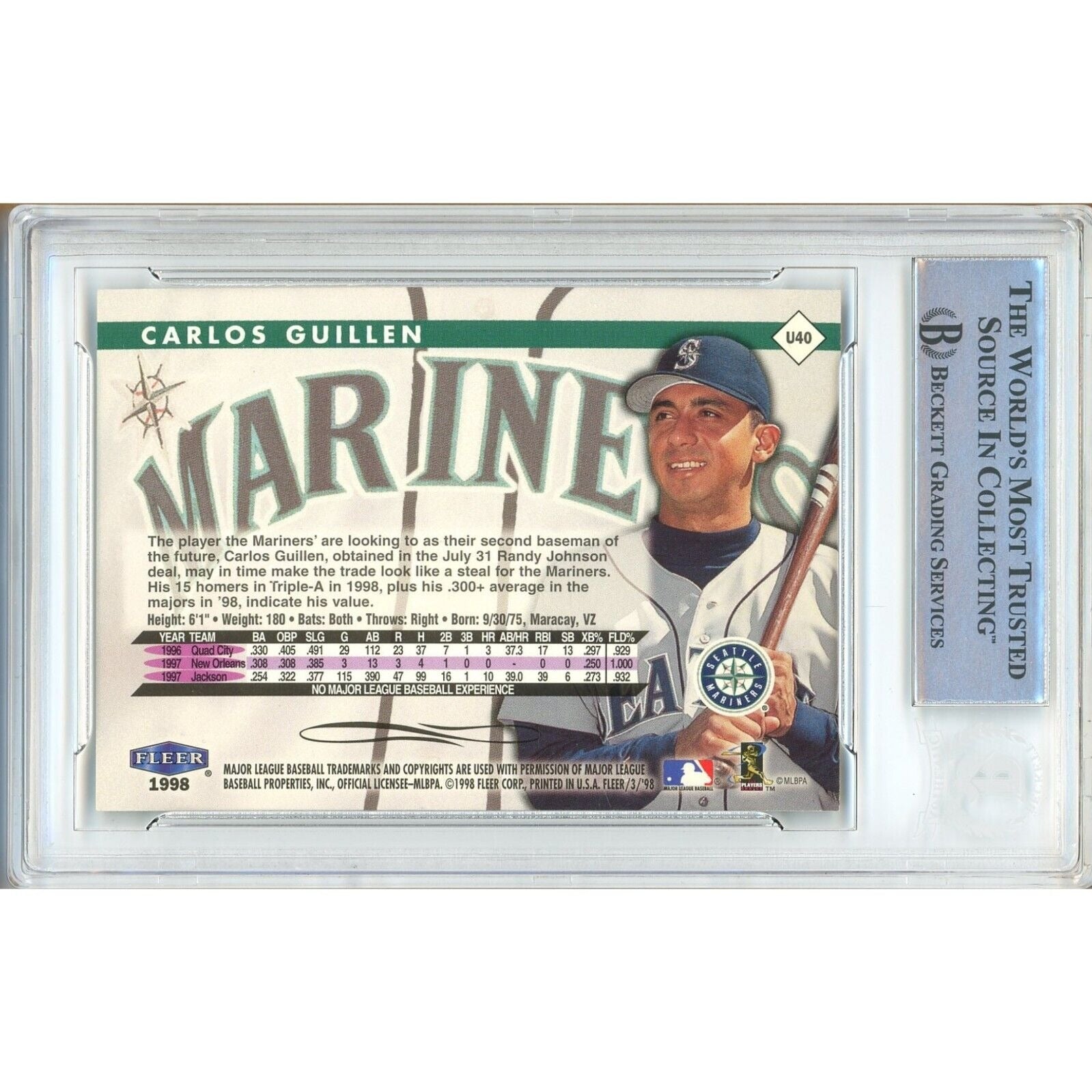 1998 Fleer Carlos Guillen Seattle Mariners Signed Trading Card – Beckett BAS