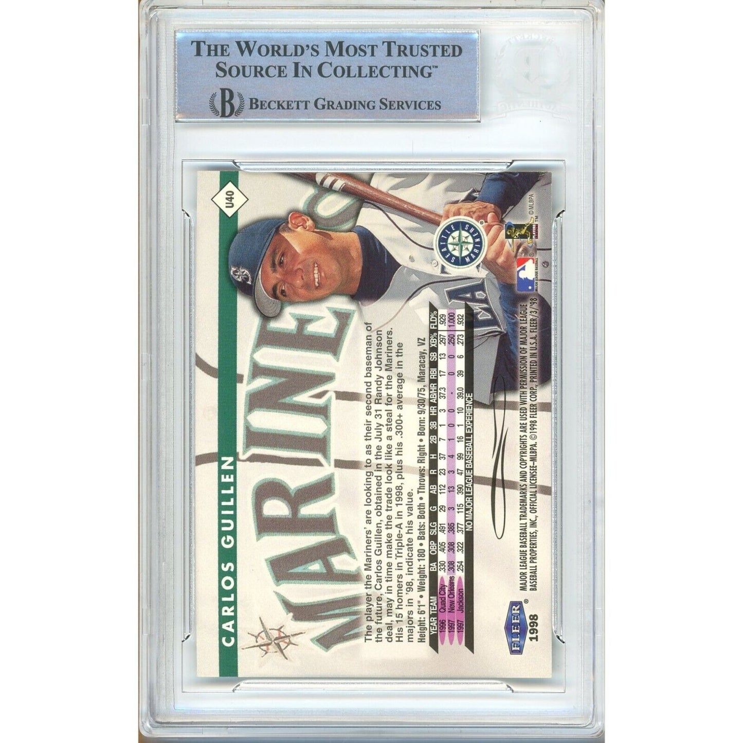 Baseballs- Autographed- Carlos Guillen Seattle Mariners Signed 1998 Fleer Tradition Update Baseball Card Beckett Authenticated Auto Slab Back