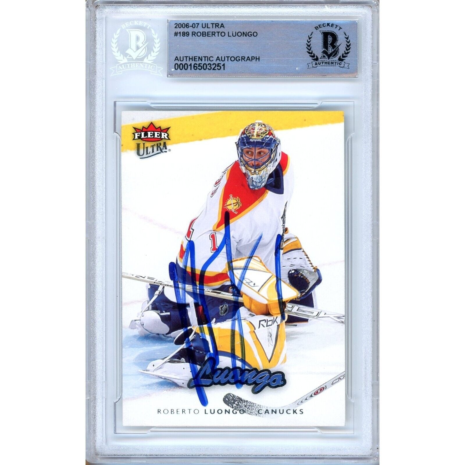 Hockey- Autographed- Roberto Luongo Florida Panthers Signed 2006-07 Fleer Ultra Trading Card Beckett Authentic Auto Slab Front