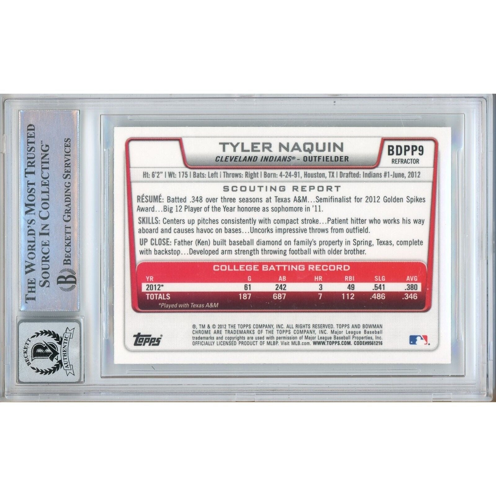 Baseballs- Autographed- Tyler Naquin Cleveland Guardians Signed 2012 Bowman Chrome Draft Picks Refractors Rookie Trading Card Beckett Authentic BGS Auto-10 Graded Slab Back