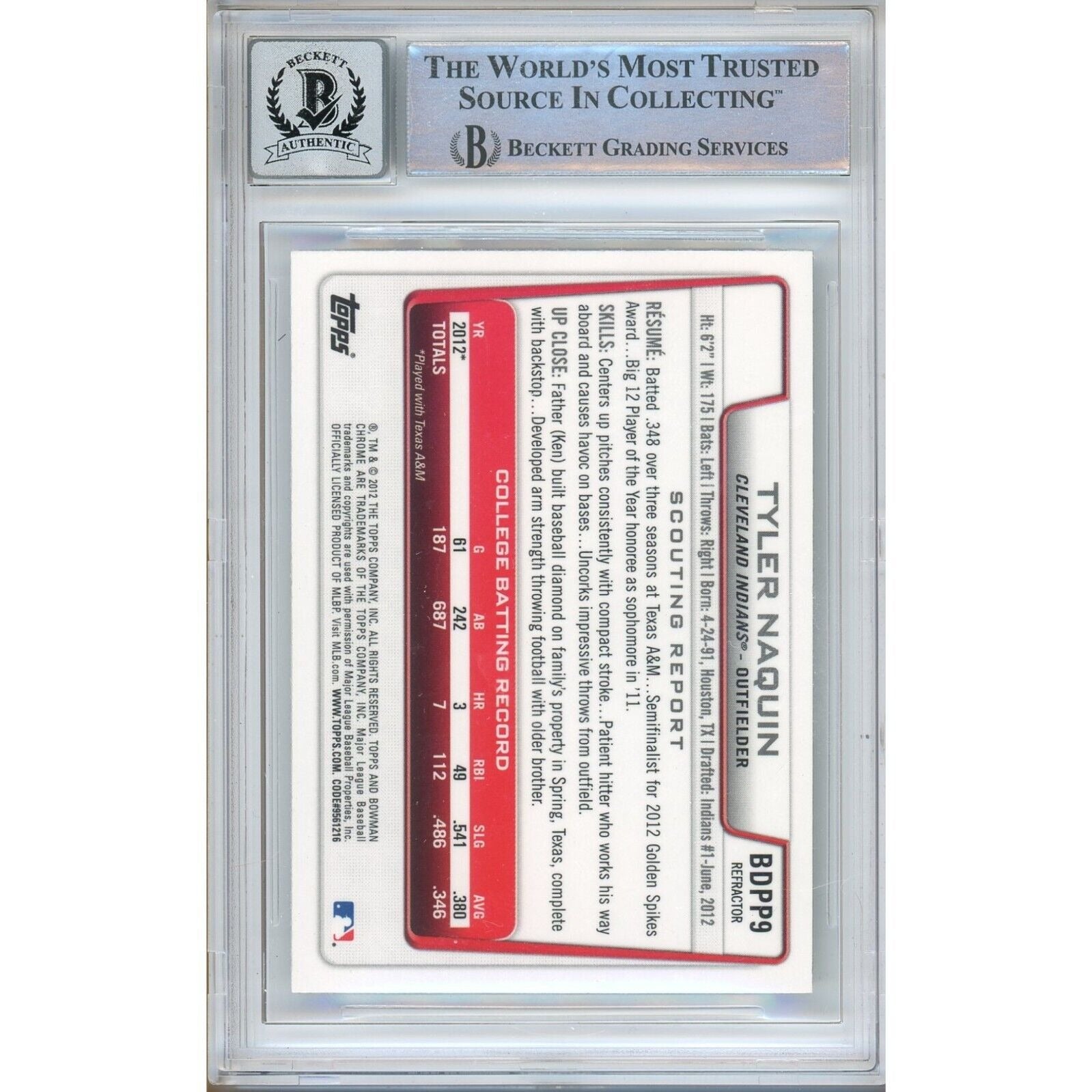 Baseballs- Autographed- Tyler Naquin Cleveland Indians Signed 2012 Bowman Chrome Draft Picks Refractors Rookie Trading Card Beckett Authentic BGS Auto-10 Graded Slab Back