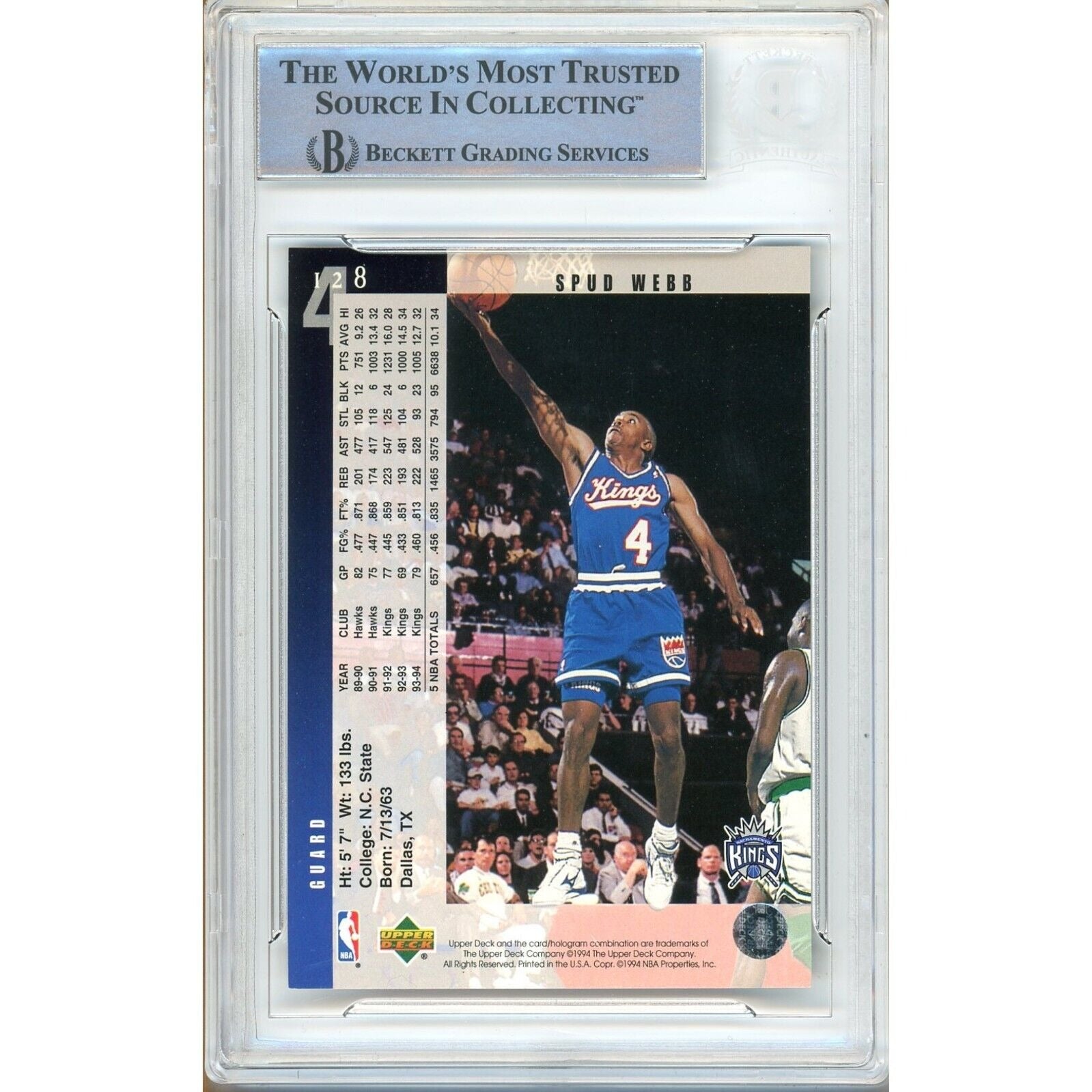 Basketballs- Autographed- Spud Webb Sacramento Kings Signed 1994-95 Upper Deck Trading Card Beckett Authentic Auto Slab Back