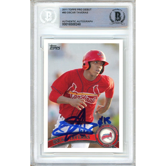 Baseballs- Autographed- Oscar Taveras St Louis Cardinals Signed 2011 Topps Pro Debut Rookie Baseball Card Beckett Authentic Auto Slab Front