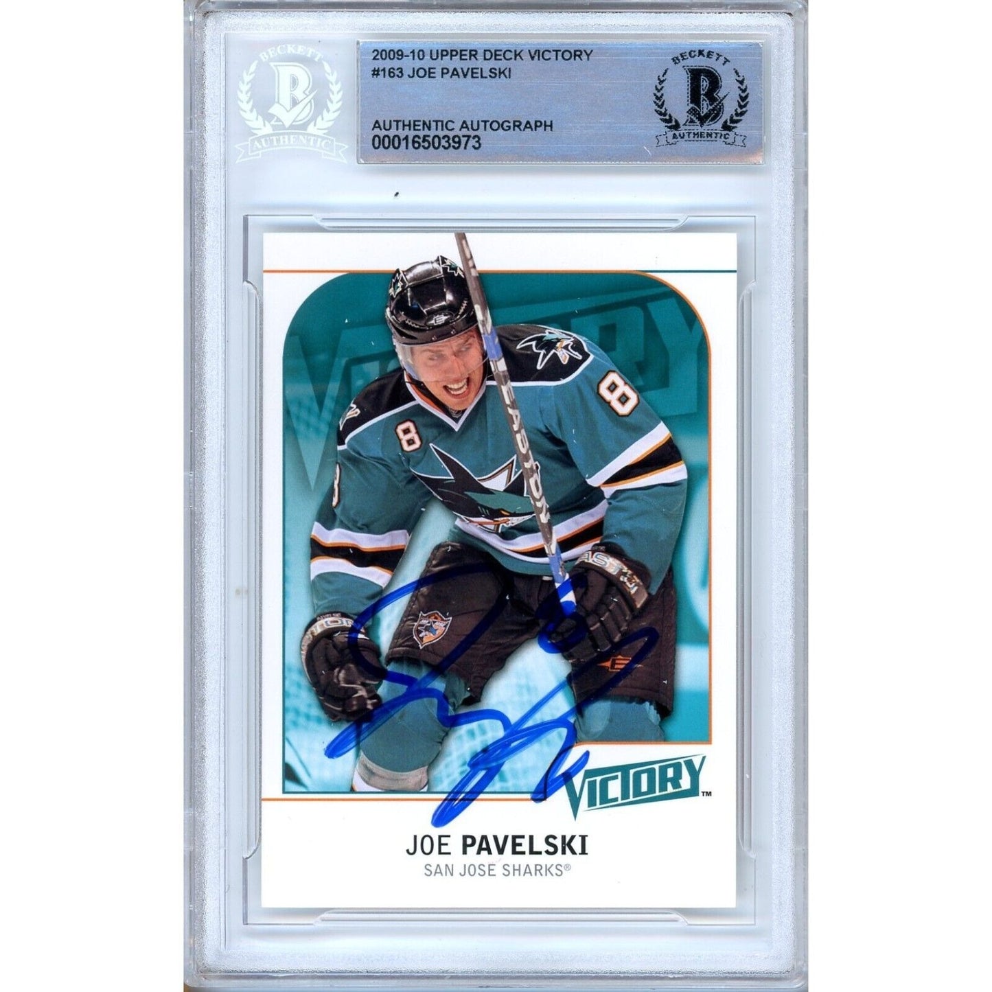 Hockey- Autographed- Joe Pavelski San Jose Sharks Signed 2009-10 Upper Deck Victory Hockey Card Beckett Authentic Auto Slab Front