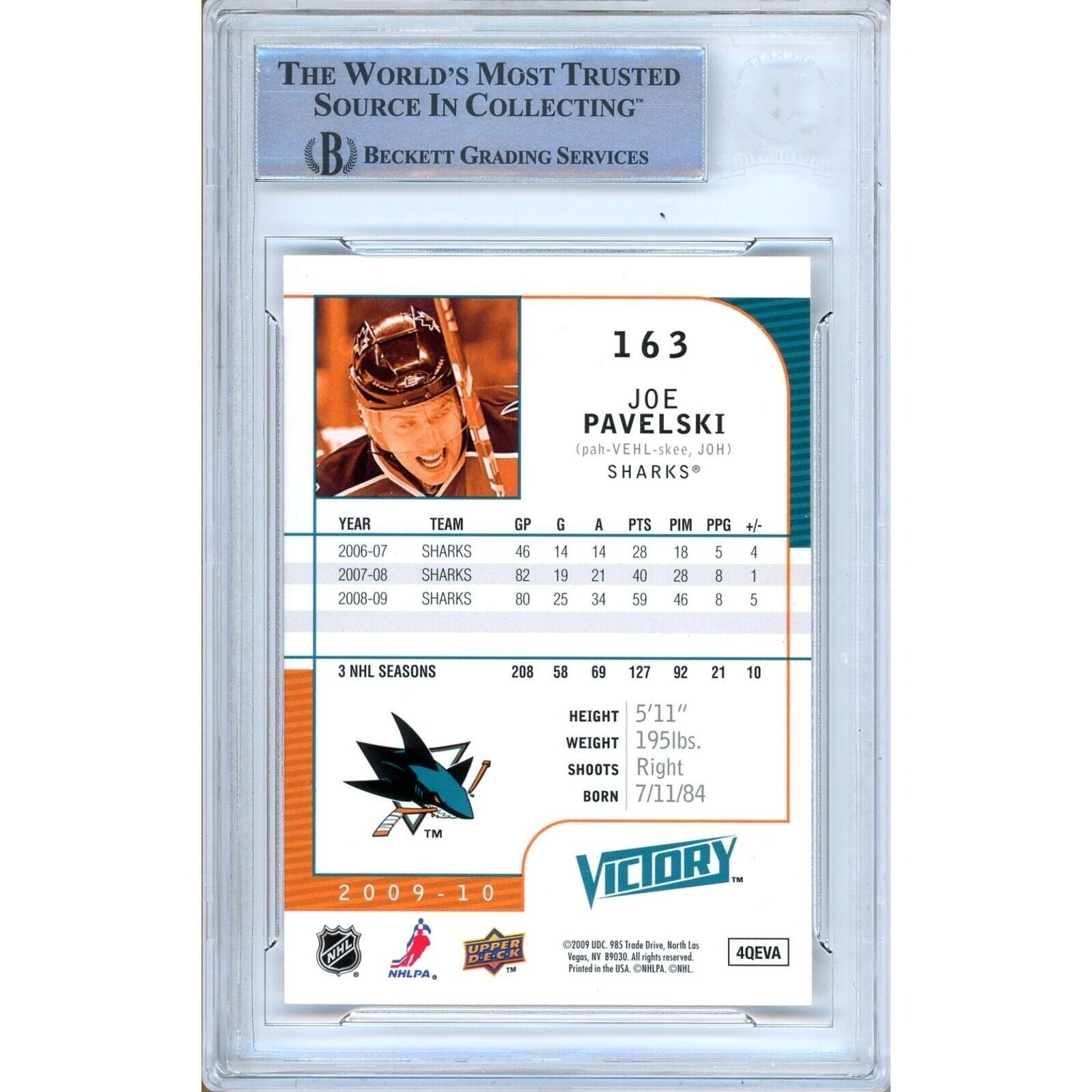 Hockey- Autographed- Joe Pavelski San Jose Sharks Signed 2009-10 Upper Deck Victory Hockey Card Beckett Authentic Auto Slab Back