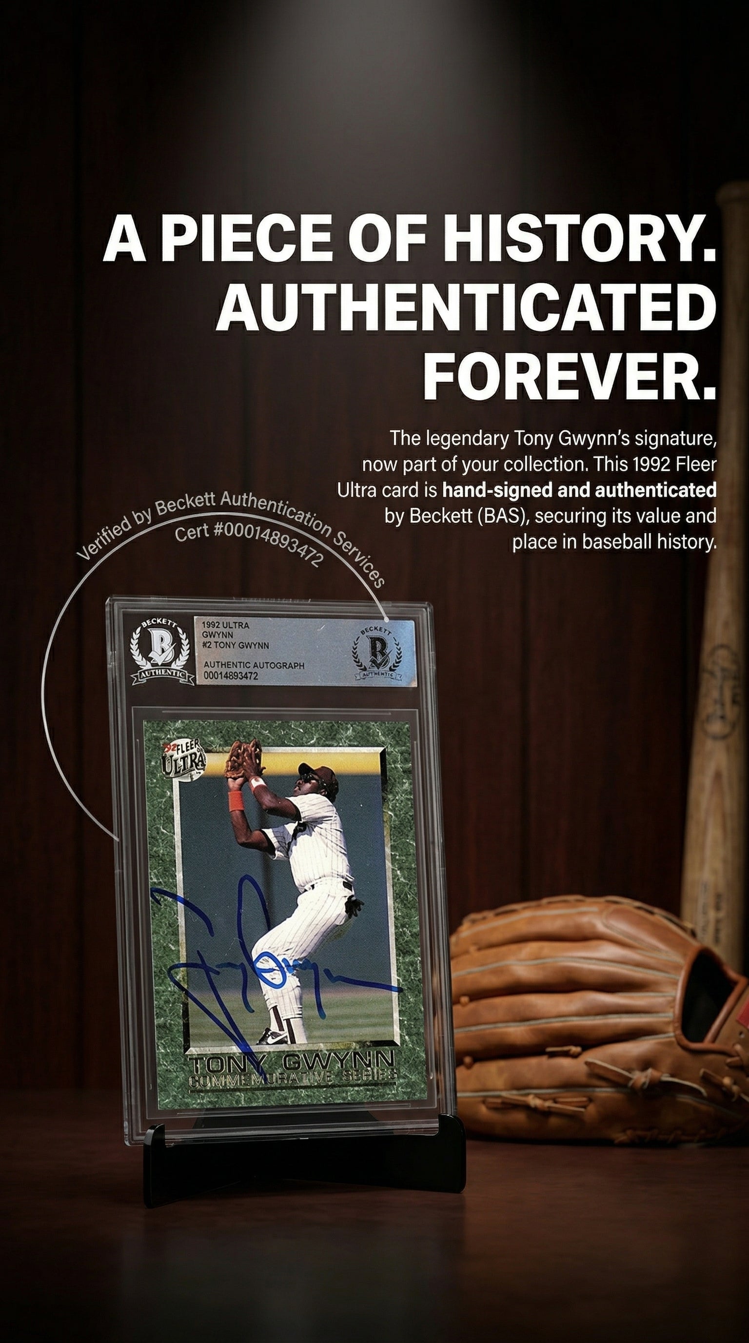 Tony Gwynn Autographed 1992 Fleer Ultra # 2 - San Diego Padres - Beckett Authentication