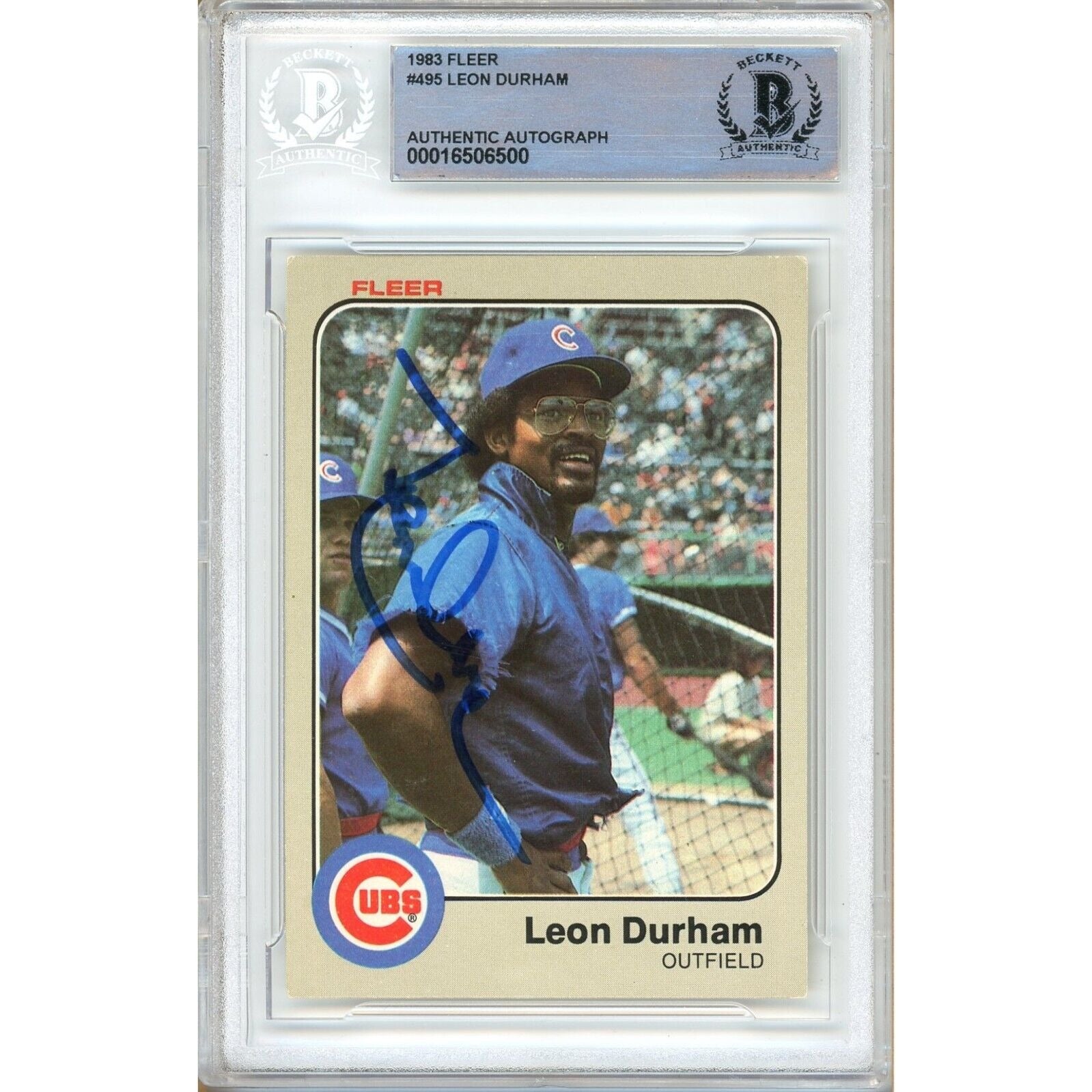 Baseballs- Autographed- Leon Durham Chicago Cubs Signed 1983 Fleer Baseball Card Beckett Authentic Auto Slab Front