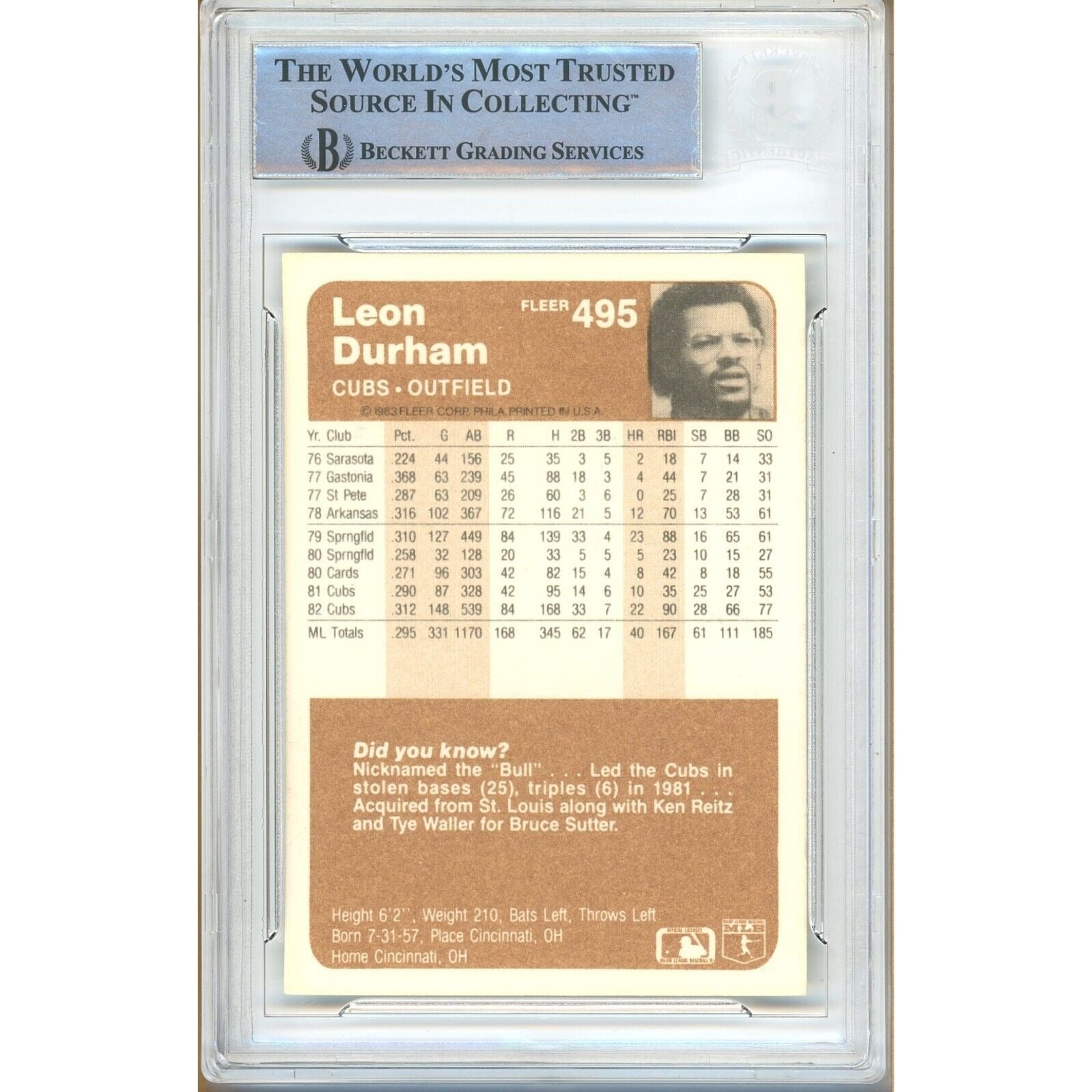 Baseballs- Autographed- Leon Durham Chicago Cubs Signed 1983 Fleer Baseball Card Beckett Authentic Auto Slab Back