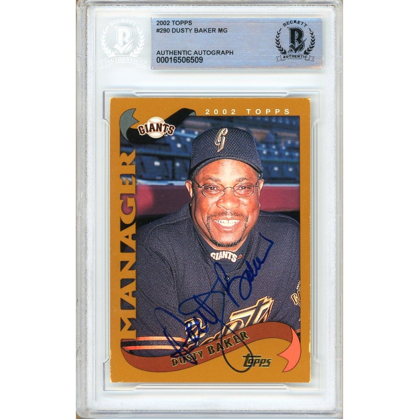 Baseballs- Autographed- Dusty Baker San Francisco Giants Signed 2002 Topps Baseball Card Beckett Authentic Auto Slab Front