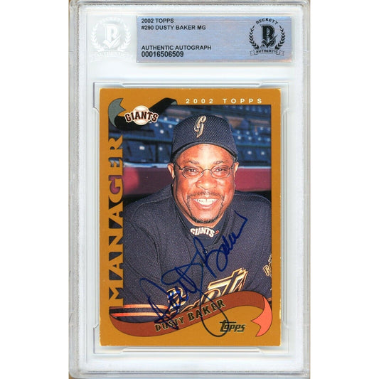 Baseballs- Autographed- Dusty Baker San Francisco Giants Signed 2002 Topps Baseball Card Beckett Authentic Auto Slab Front