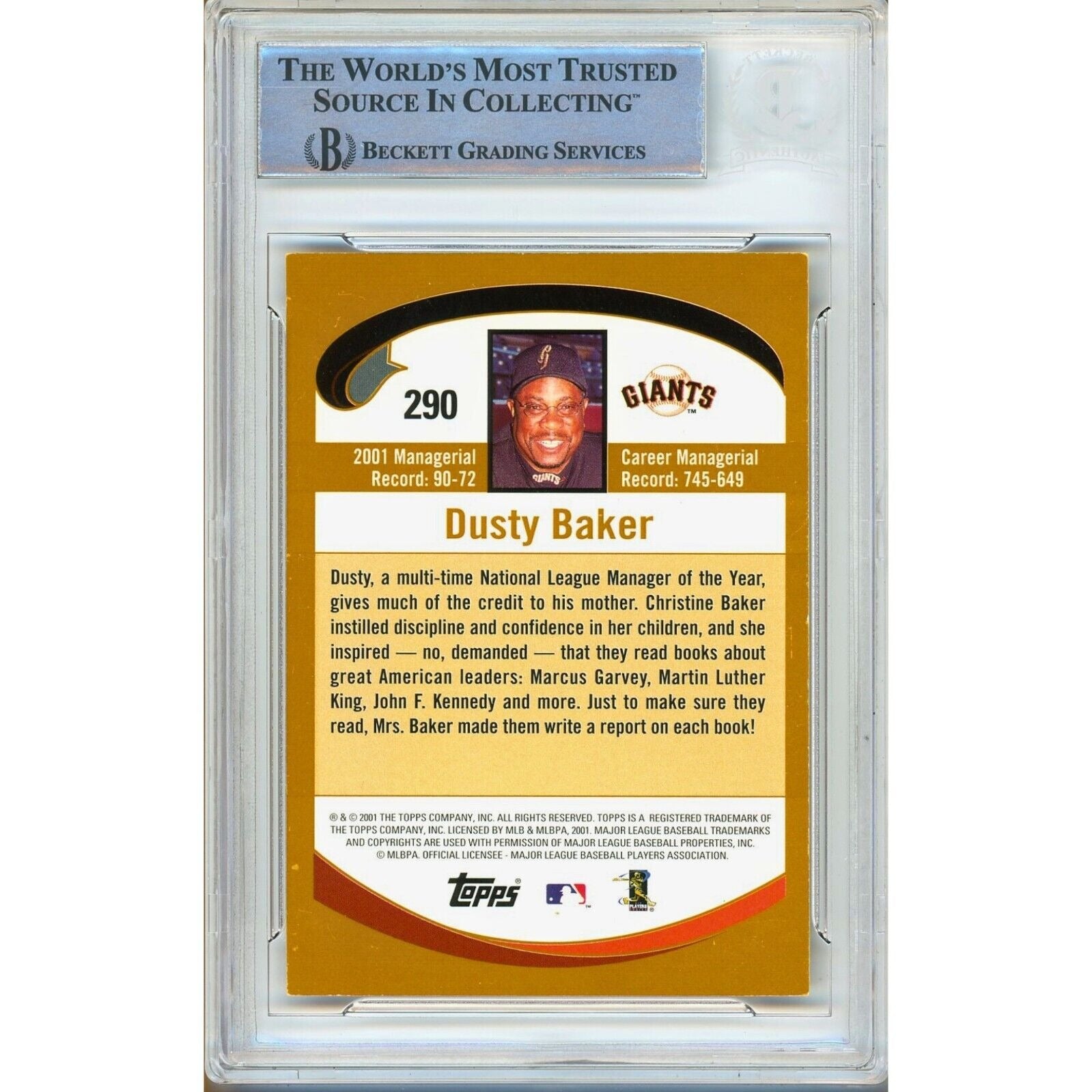 Baseballs- Autographed- Dusty Baker San Francisco Giants Signed 2002 Topps Baseball Card Beckett Authentic Auto Slab Back