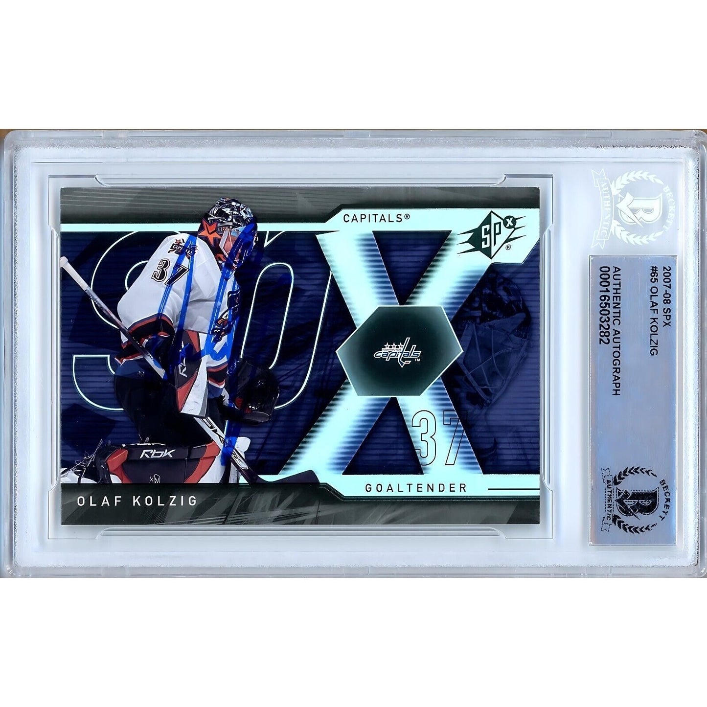 Hockey- Autographed- Olaf Kolzig Washington Capitals Signed 2007-08 Upper Deck SPx Hockey Card Beckett Auth Auto Slab Front