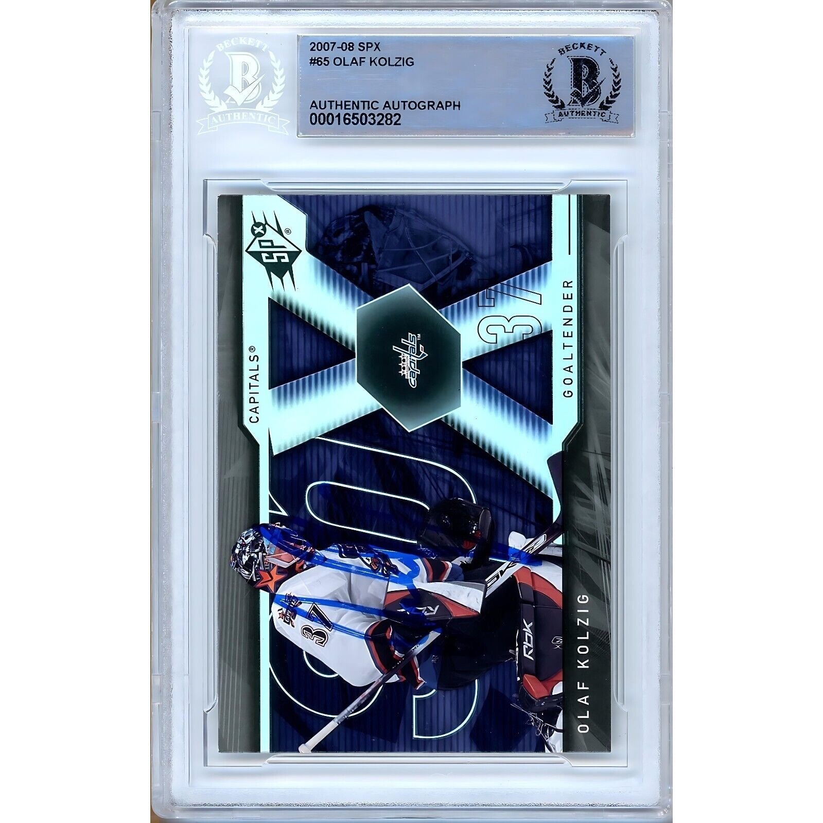 Olaf Kolzig Washington Capitals signed trading card – signature close-up – Beckett COA