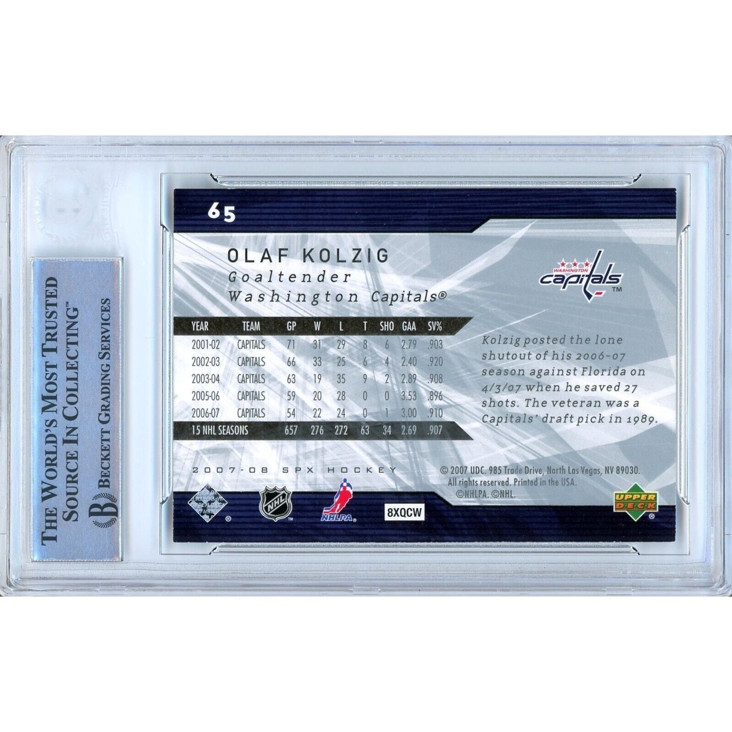 Hockey- Autographed- Olaf Kolzig Washington Capitals Signed 2007-08 Upper Deck SPx Hockey Card Beckett Authentic Auto Slab Back