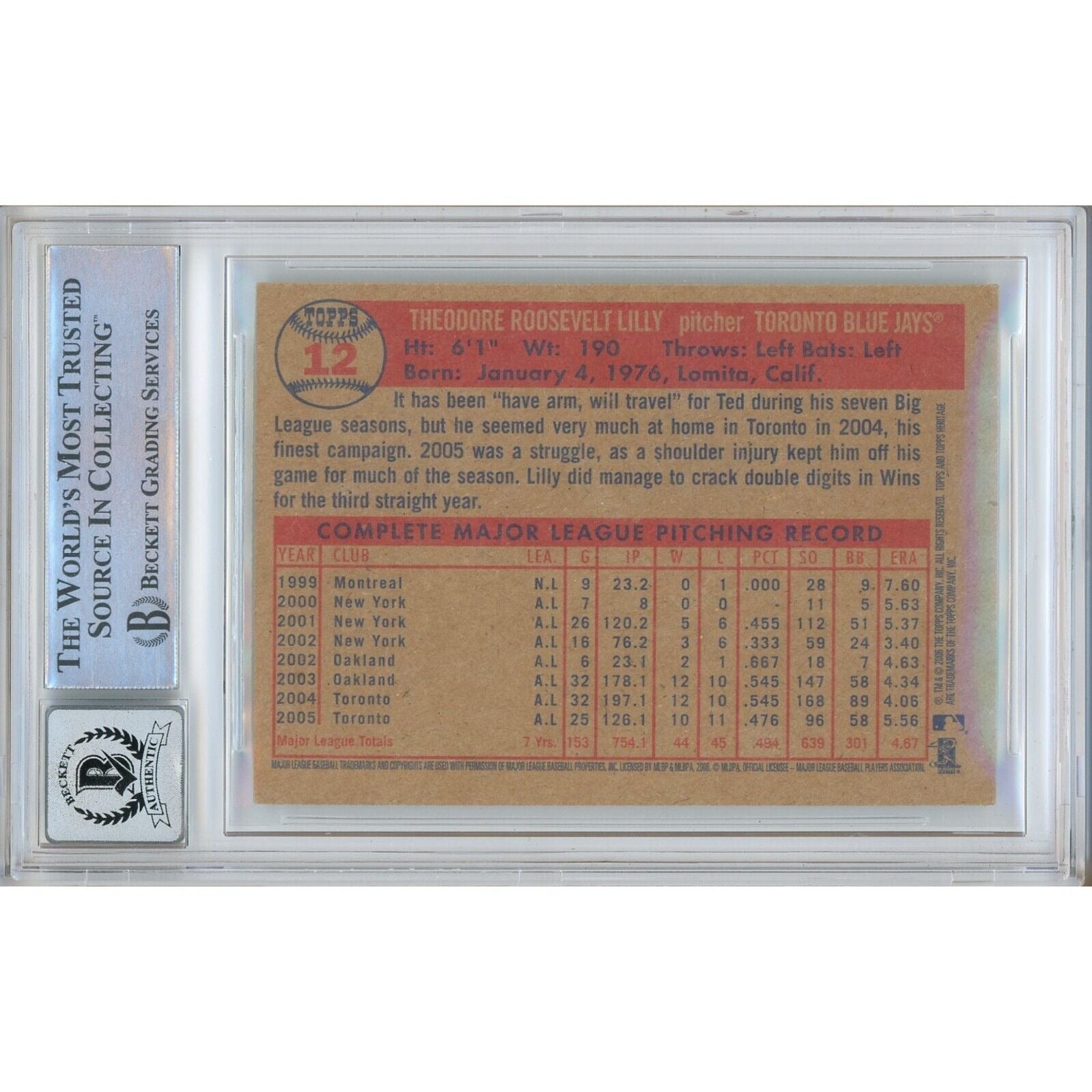 Baseballs- Autographed- Ted Lilly Toronto Blue Jays Signed 2006 Topps Heritage Trading Card Beckett Authentic BGS Auto-10 Graded Slab Back