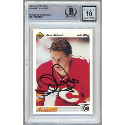 Hockey- Autographed- Gary Roberts Calgary Flames Signed 1991-92 Upper Deck Hockey Card Beckett Authentic BGS Auto-10 Graded Slab Front