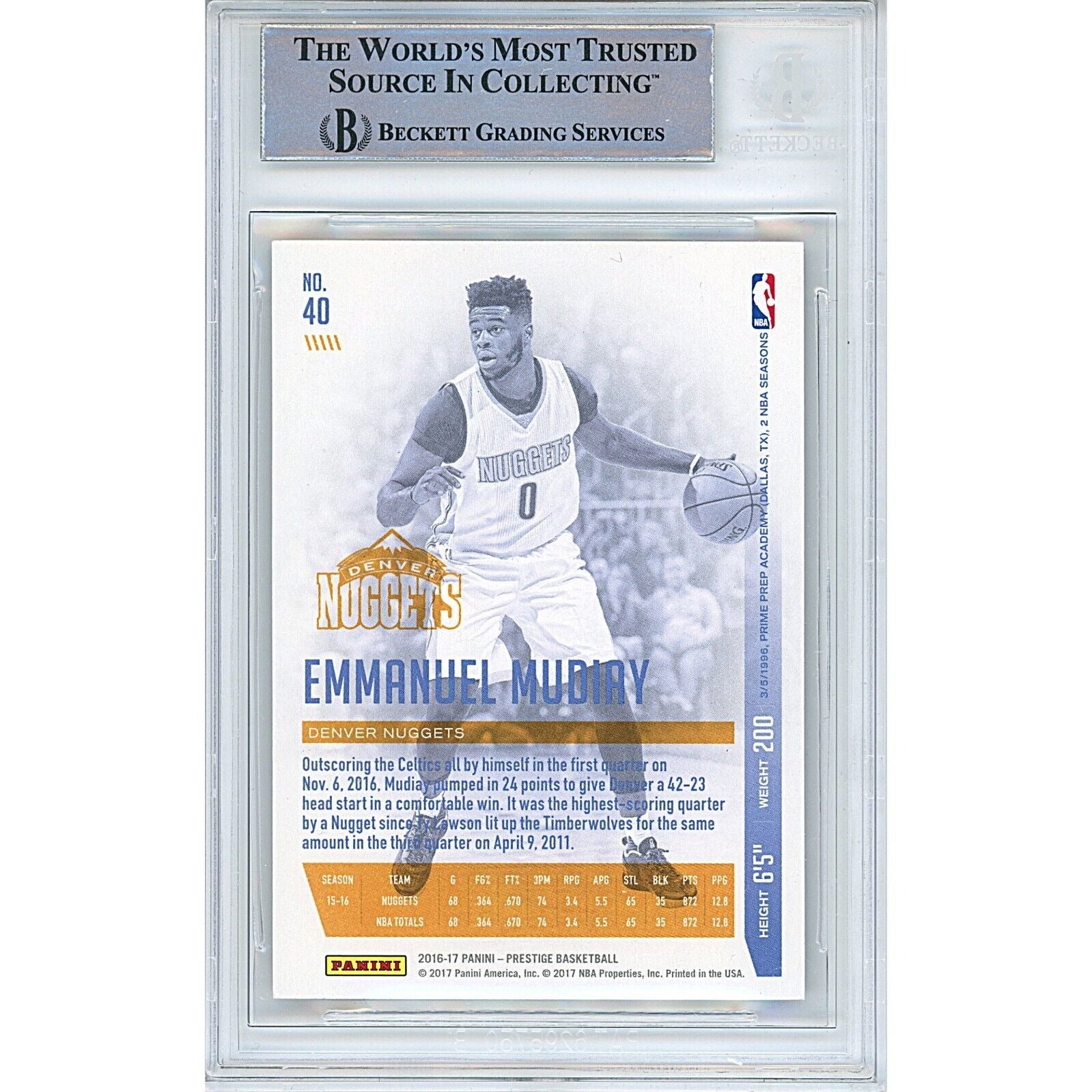 Emmanuel Mudiay Panini Prestige Signed Trading Card Beckett BAS