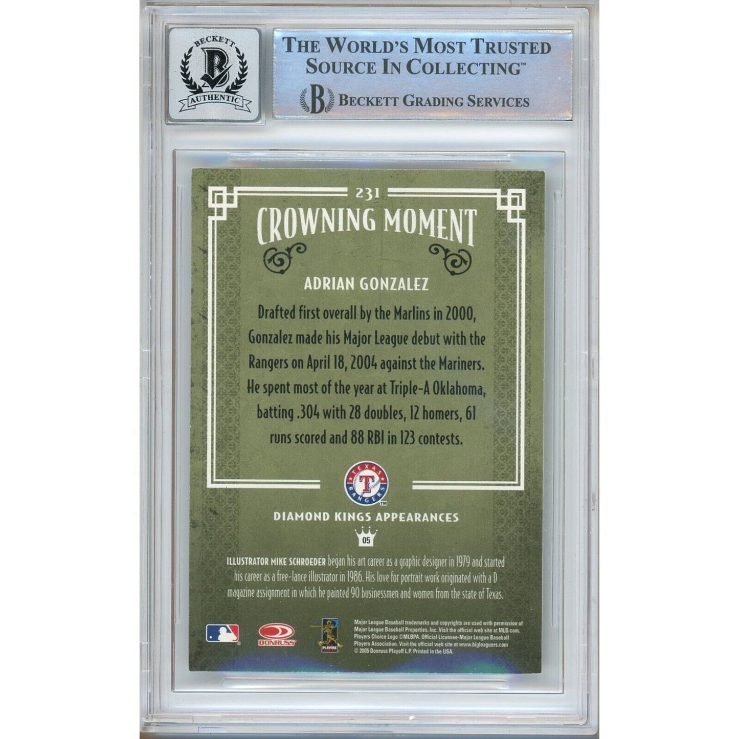 Baseballs- Autographed- Adrian Gonzalez Texas Rangers Signed 2005 Donruss Diamond Kings Baseball Card Beckett Authentic BGS Auto-10 Graded Slab Back