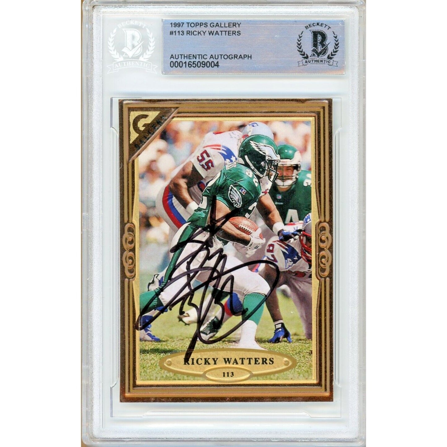 Footballs- Autographed- Ricky Watters Philadelphia Eagles Signed 1997 Topps Gallery Trading Card Beckett Authentic Auto Slab Front