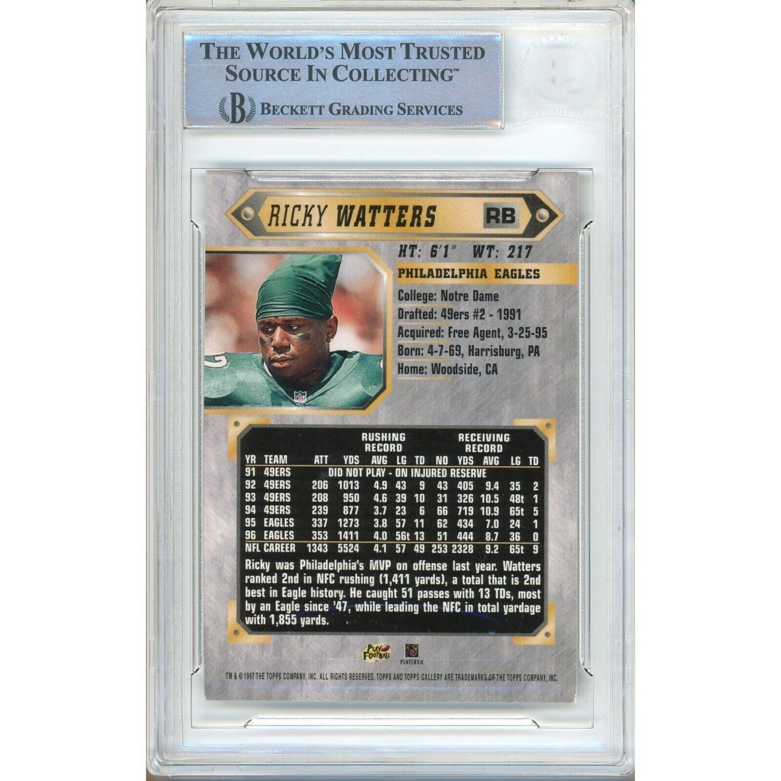 Footballs- Autographed- Ricky Watters Philadelphia Eagles Signed 1997 Topps Gallery Trading Card Beckett Authentic Auto Slab Back