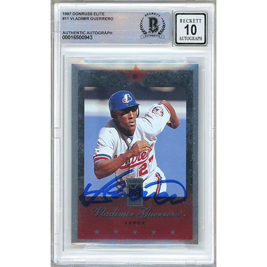 Baseballs- Autographed- Vladimir Guerrero Montreal Expos Signed 1997 Donruss Elite Rookie Trading Card Beckett Authentic BGS Auto-10 Graded Slab Front