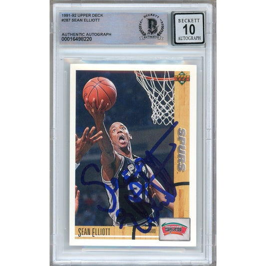 Basketballs- Autographed- Sean Elliott San Antonio Spurs Signed 1991-92 Upper Deck Trading Card Beckett Authentic BGS Auto-10 Graded Slab Front