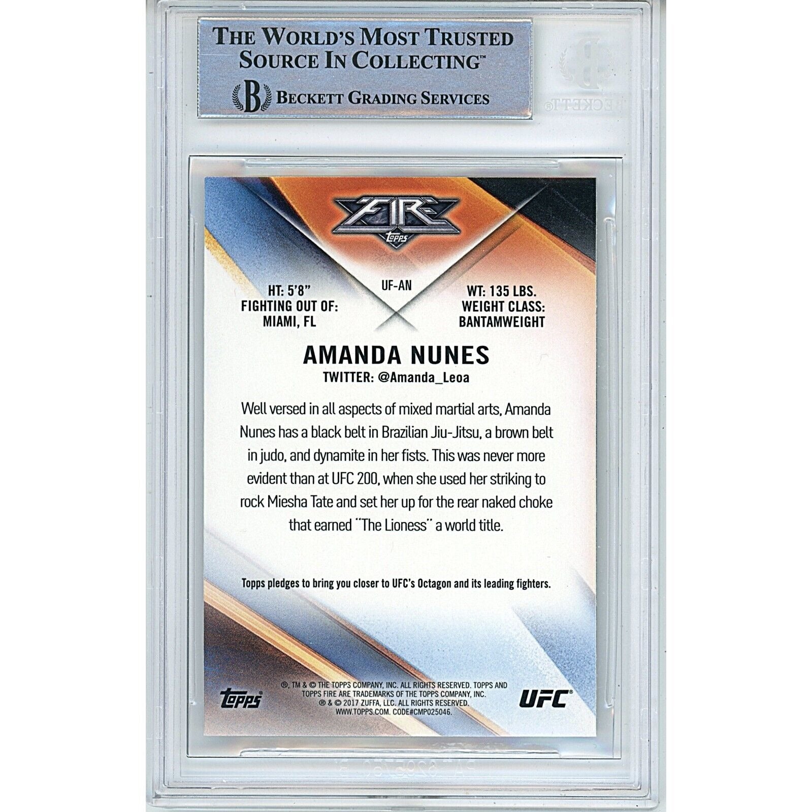 2017 Topps Amanda Nunes UFC Signed Trading Card – Beckett BAS