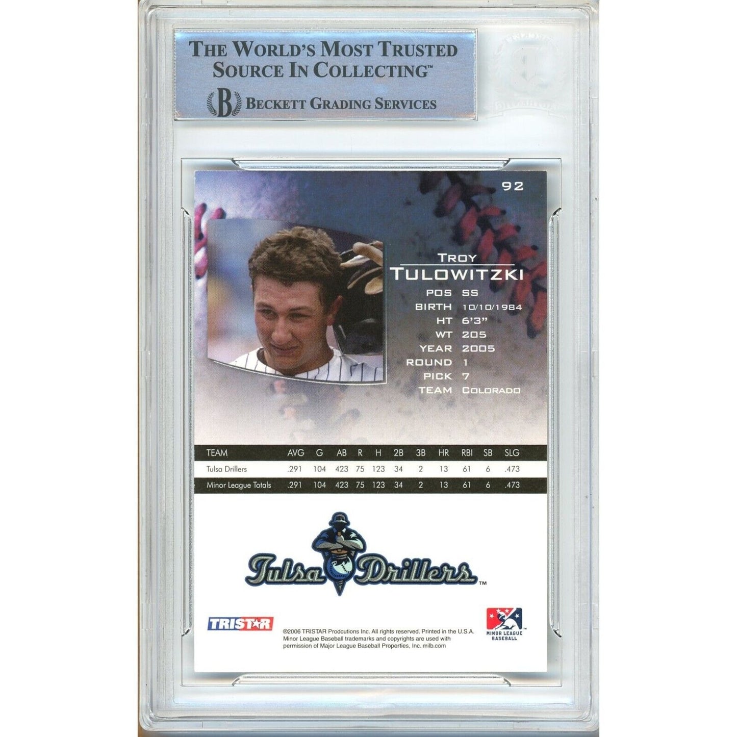 Baseballs- Autographed- Troy Tulowitzki Colorado Rockies Signed 2006 Tristar Prospects Plus Trading Card Beckett Authentic Auto Slab Back