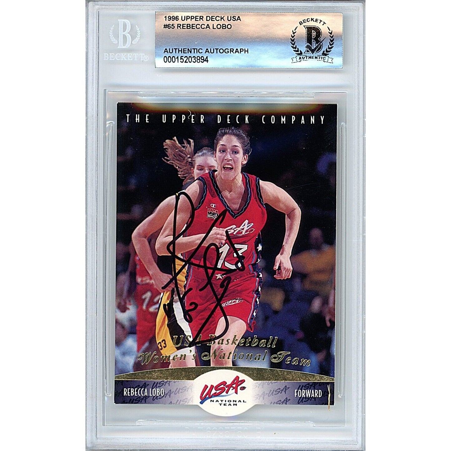 Basketball- Autographed- Rebecca Lobo Team USA Signed 1996 Upper Deck Olympics Trading Card Beckett Authentic Auto Slab Front