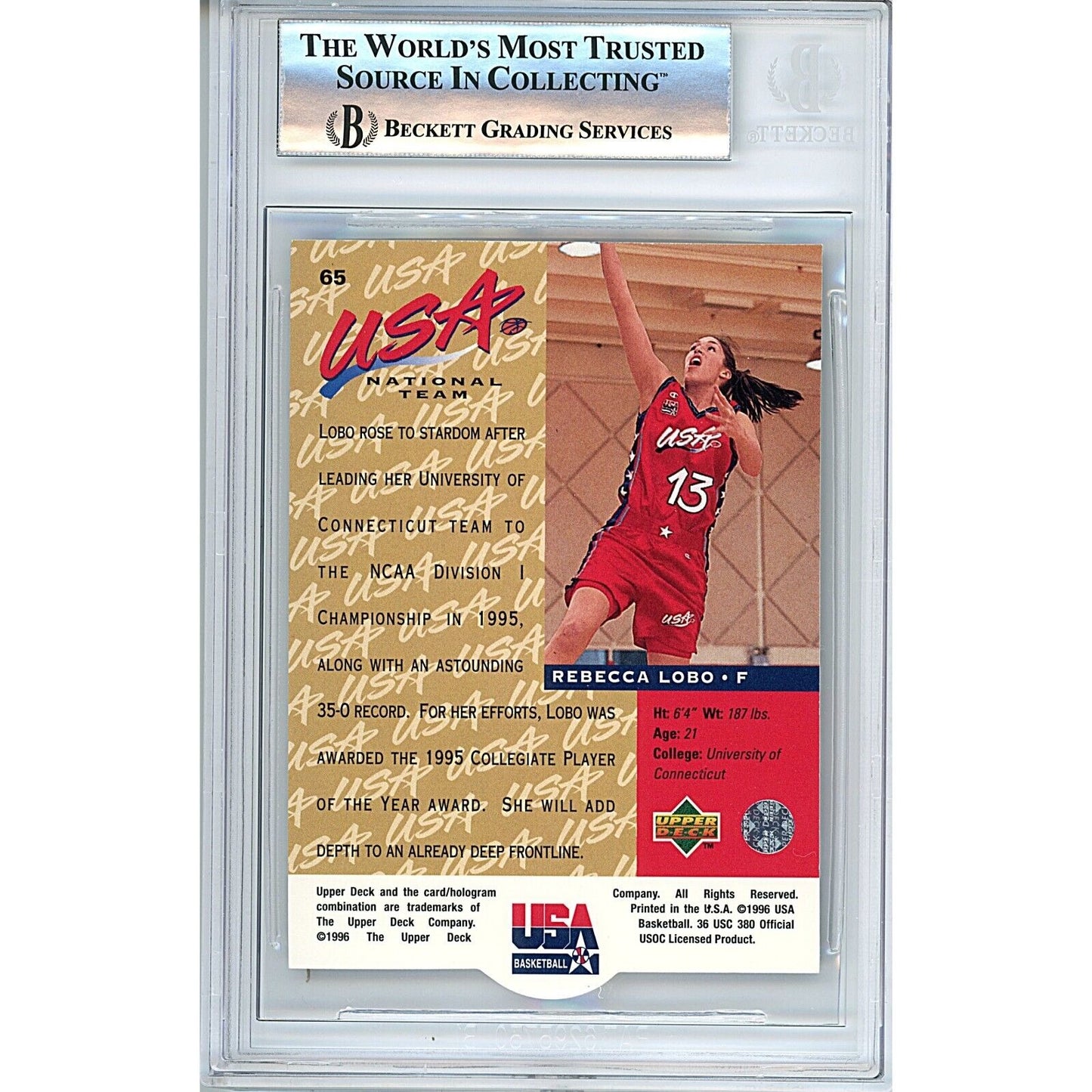 Basketball- Autographed- Rebecca Lobo Team USA Signed 1996 Upper Deck Olympics Trading Card Beckett Authentic Auto Slab Back