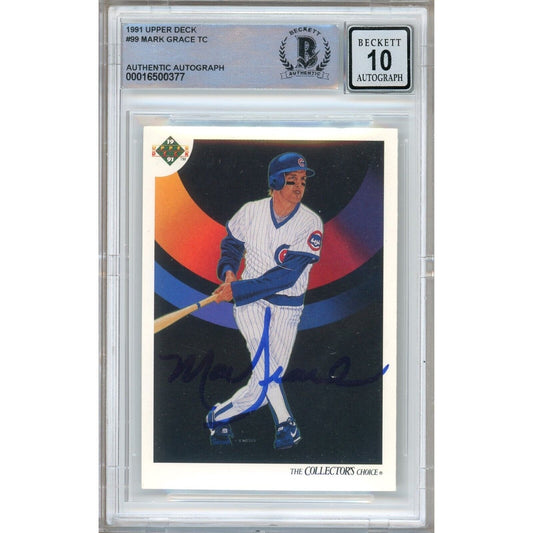 Baseballs- Autographed- Mark Grace Chicago Cubs Signed 1991 Upper Deck Baseball Card Beckett Authentic BGS Auto-10 Graded Slab Front