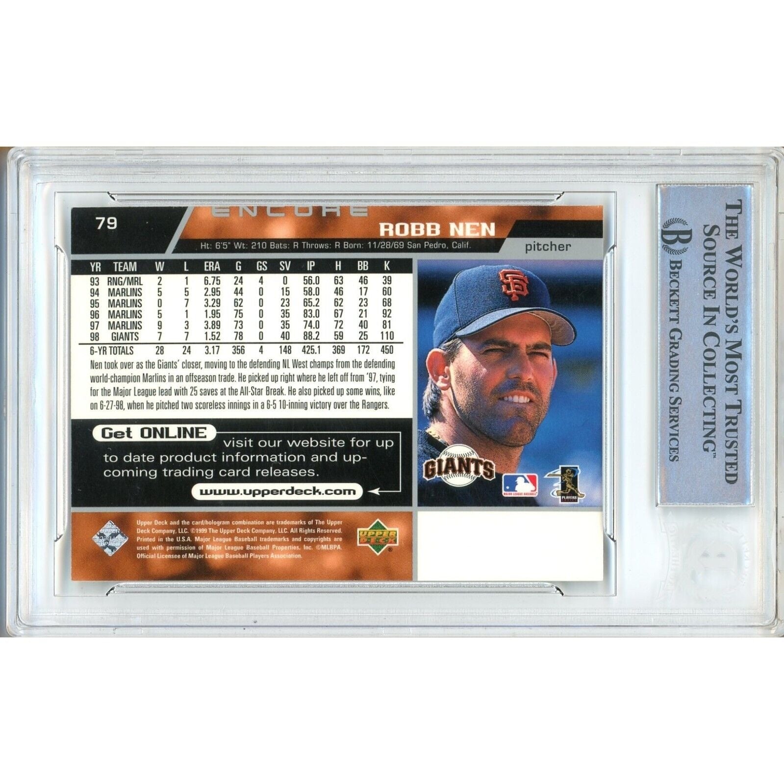 Baseballs- Autographed- Robb Nen SF Giants Signed 1999 Upper Deck Encore Trading Card Beckett Authentic Auto Slab Back