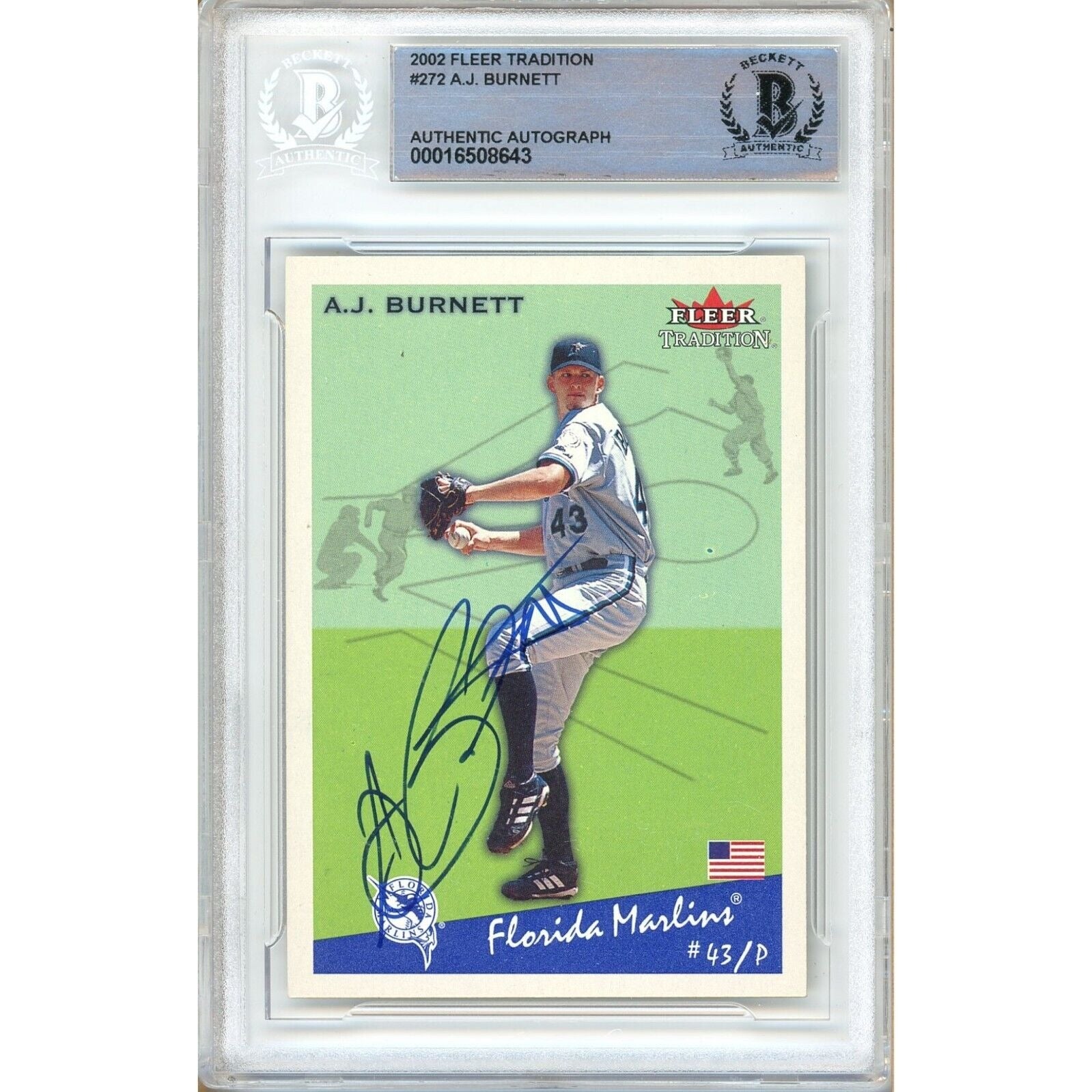 2002 Fleer #272 AJ Burnett Miami Marlins Autographed Trading Card – Beckett BAS
