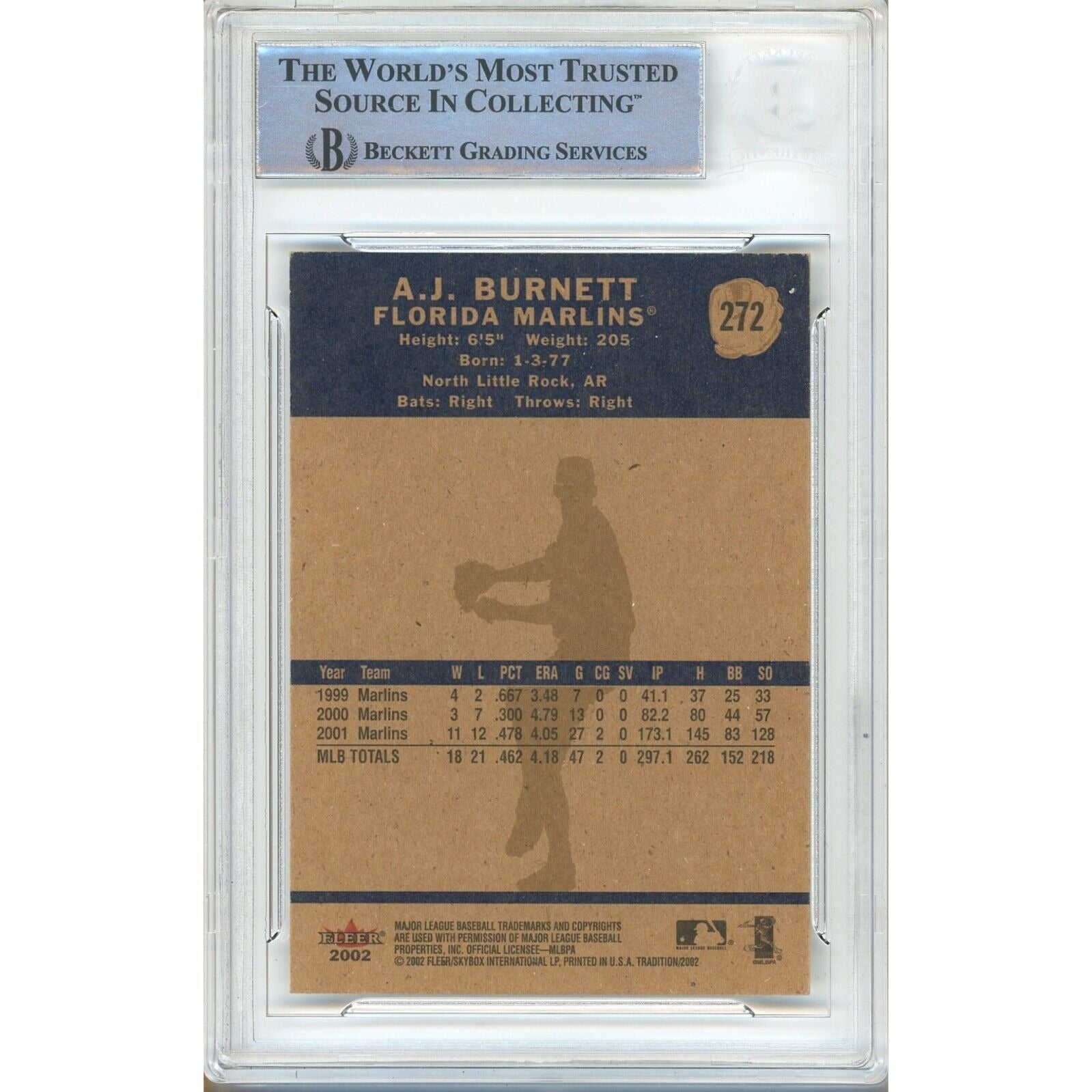 2002 Fleer #272 AJ Burnett Miami Marlins Signed Trading Card – Beckett BAS