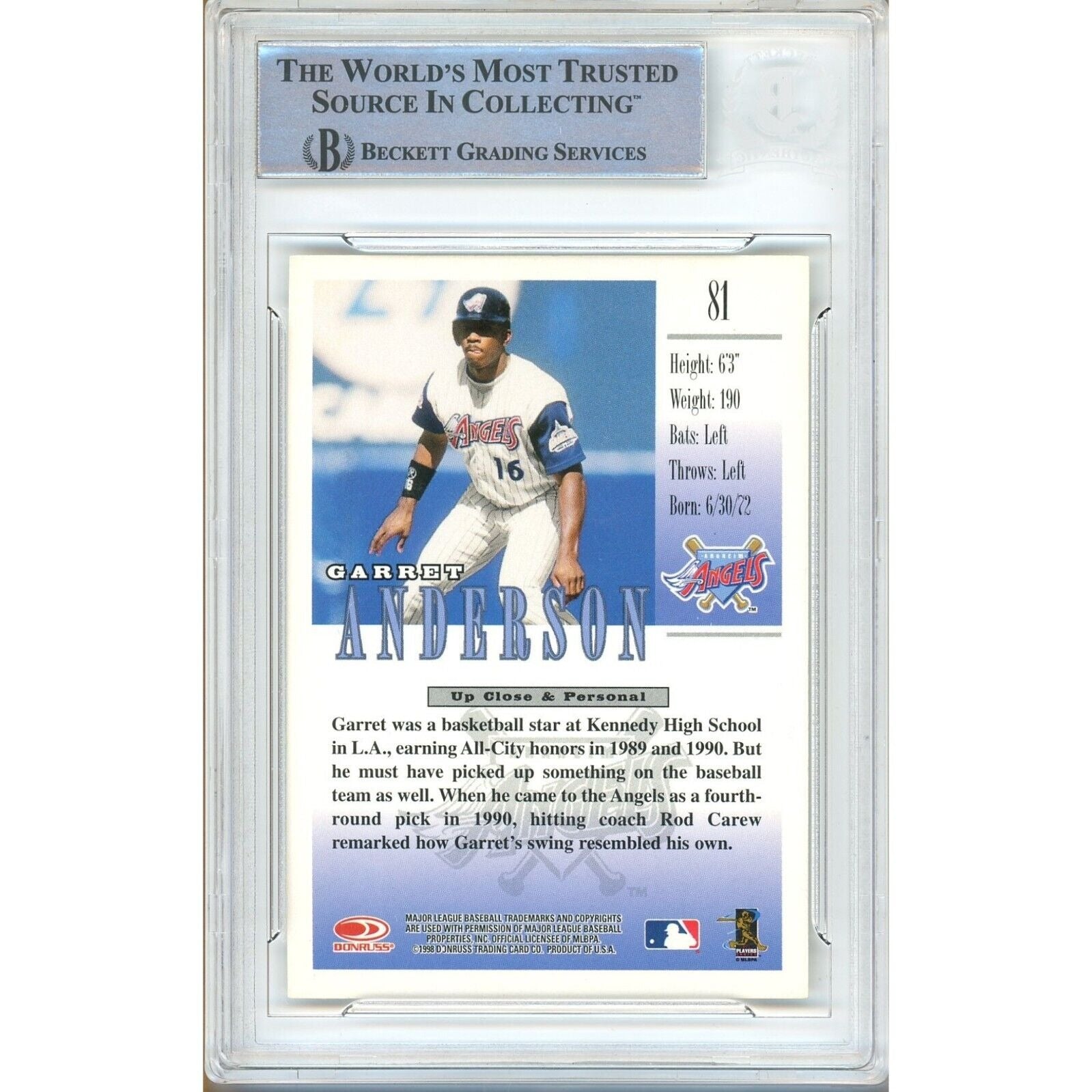 Garret Anderson Los Angeles Angels signed trading card – signature close-up – Beckett COA
