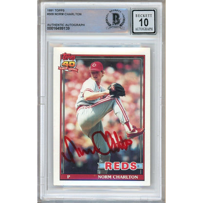 Baseballs- Autographed- Norm Charlton Cincinnati Reds Signed 1991 Topps Baseball Card Beckett Authentic BGS Auto-10 Graded Slab Front