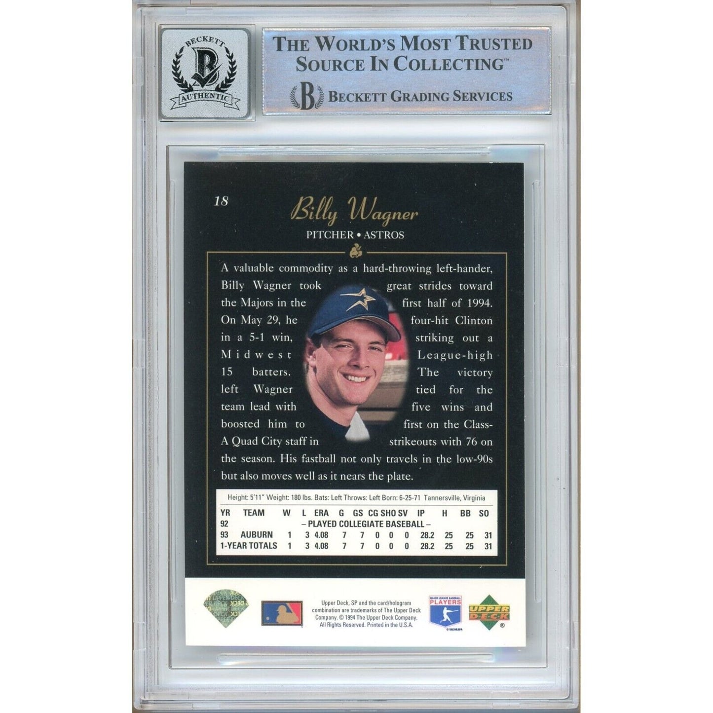 Baseballs- Autographed- Billy Wagner Houston Astros Signed 1994 Upper Deck SP Baseball Card Beckett Authentic BGS Auto-10 Graded Slab Back