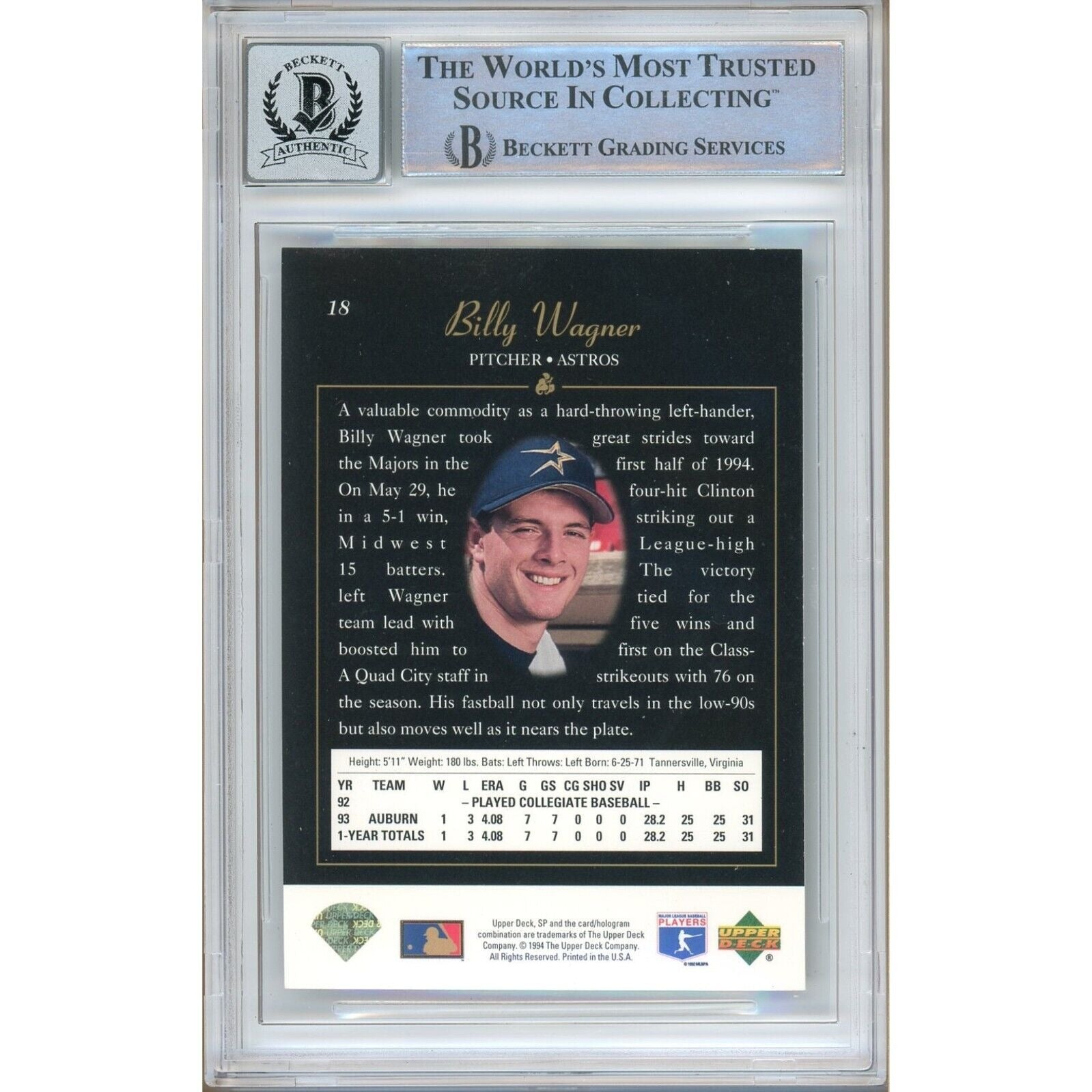 1994 Billy Wagner Houston Astros Signed Trading Card – Beckett BAS