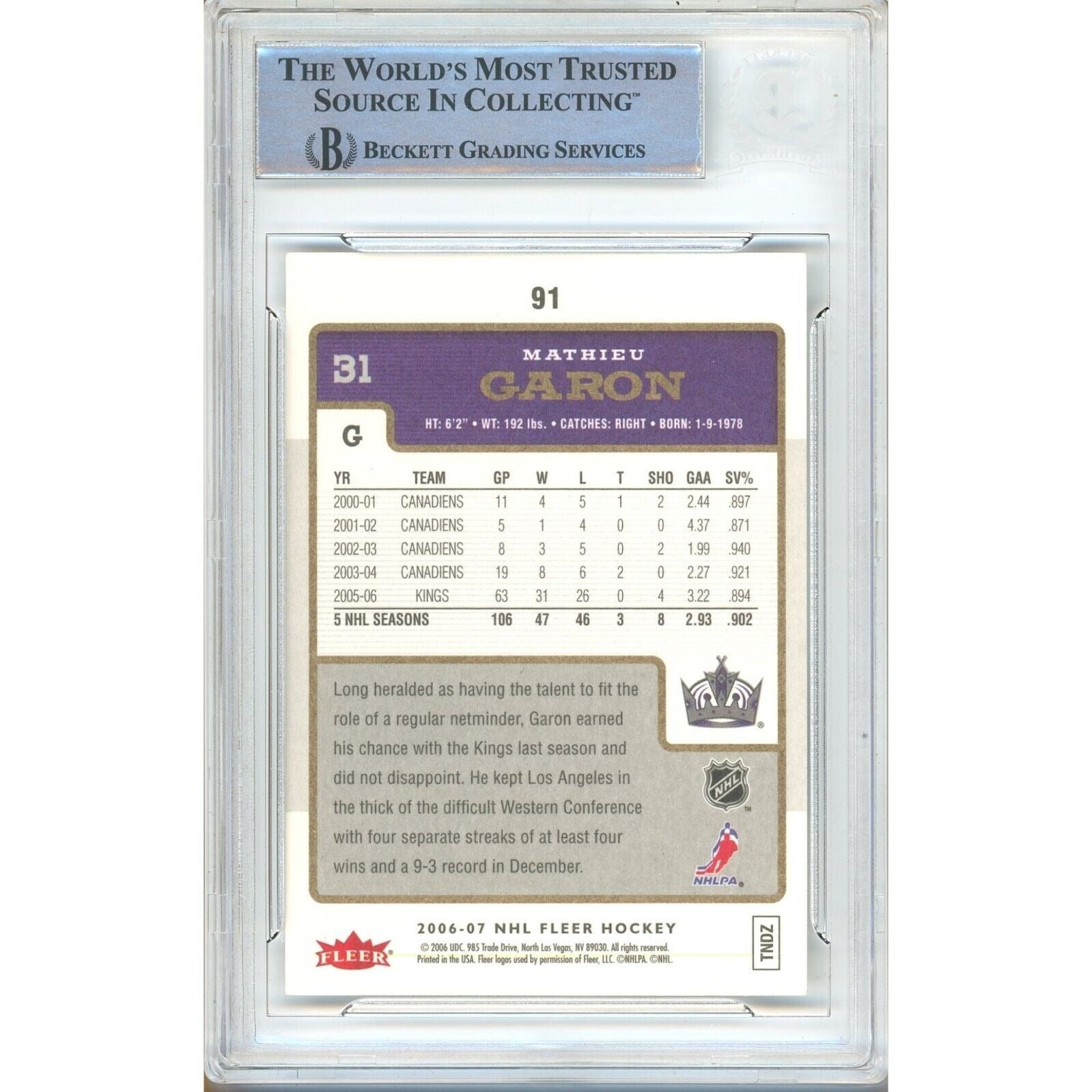 Mathieu Garon Los Angeles Kings signed trading card – signature close-up – Beckett COA