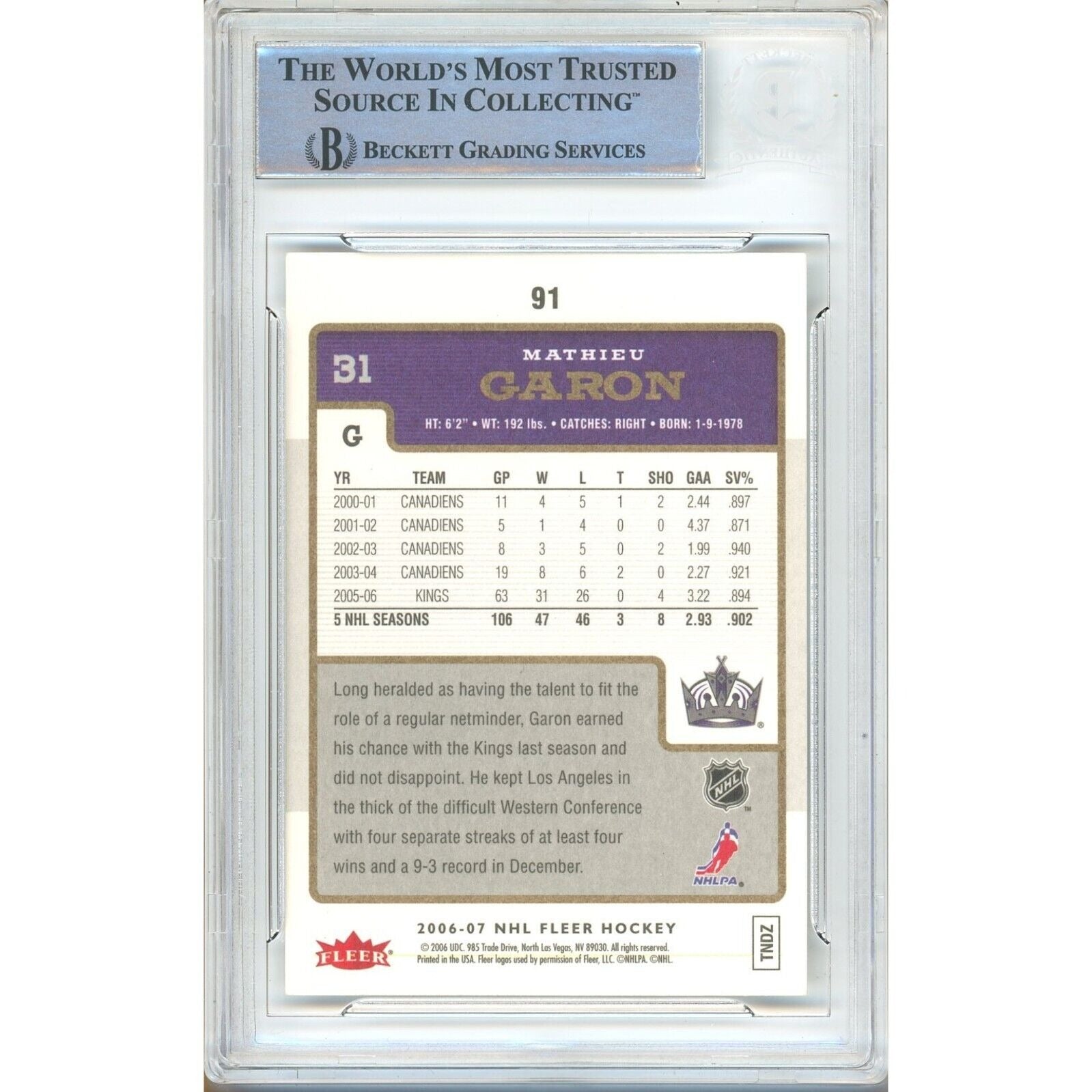 Hockey- Autographed- Mathieu Garon Los Angeles Kings Signed 2006-07 Fleer Hockey Card Beckett Authentic Auto Slab Back