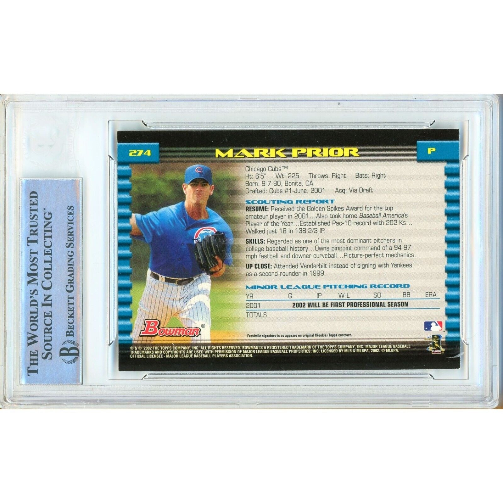 Baseballs- Autographed- Mark Prior Chicago Cubs Signed 2002 Bowman Baseball Card Beckett Authentic Auto Slab Back